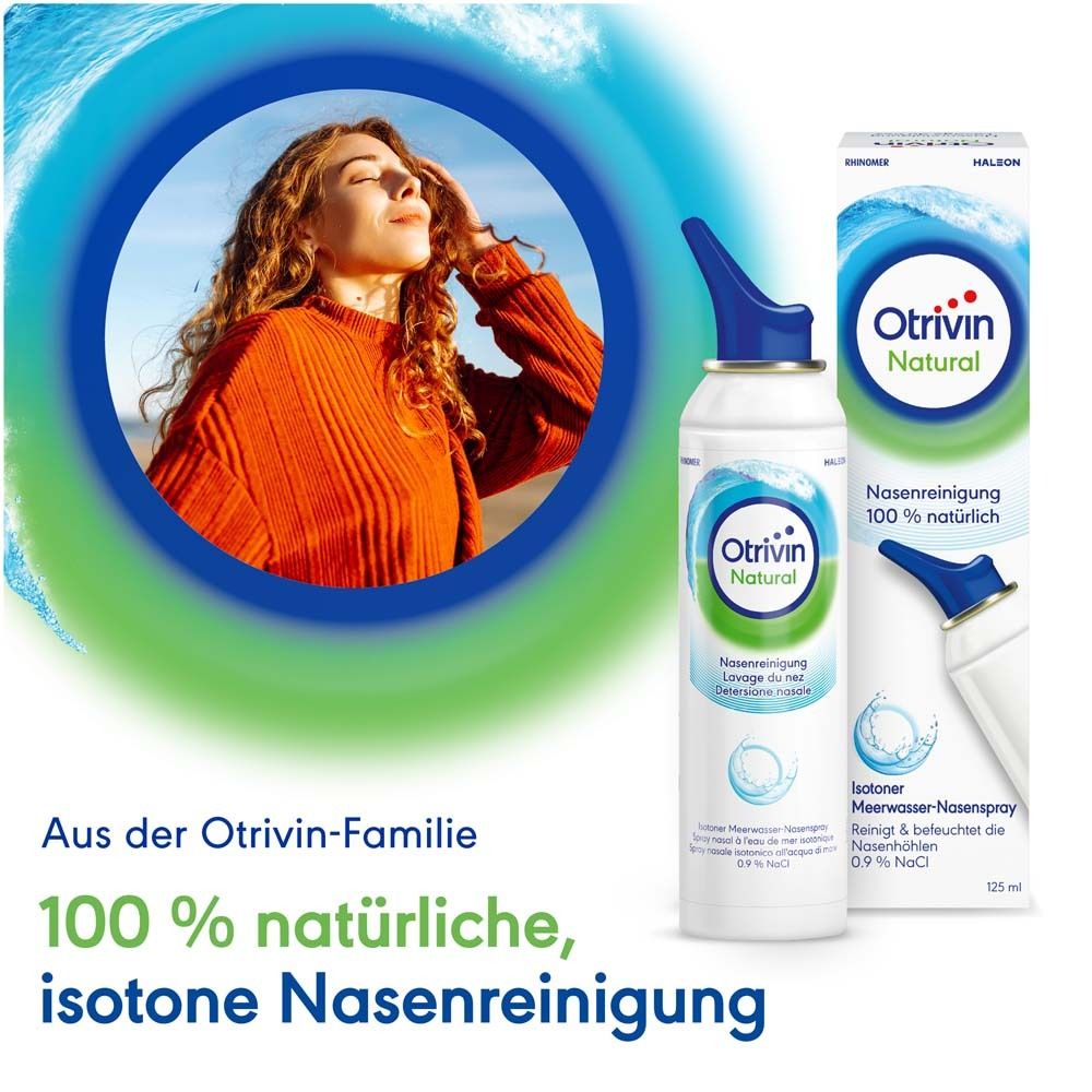 Otrivin Natural Nasenspray und Frau am Strand. Text: 100% natürliche, isotone Nasenreinigung. Aus der Otrivin-Familie.