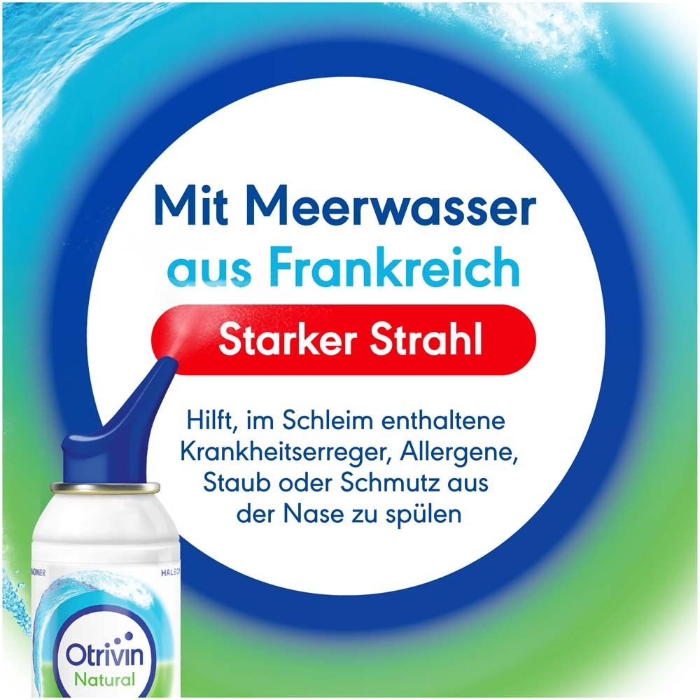 Otrivin Natural Nasenspray mit Text. Text: Mit Meerwasser aus Frankreich. Starker Strahl. Hilft bei der Nasenreinigung.