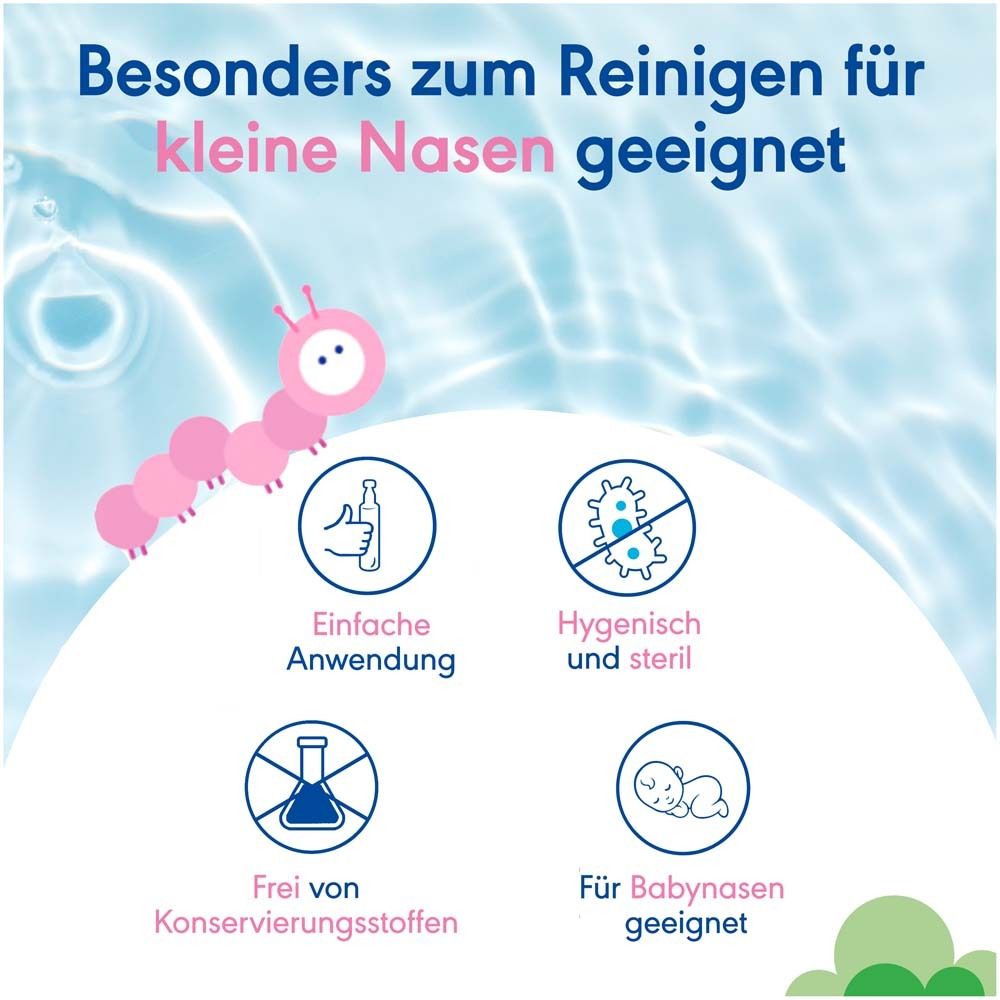 Grafik mit Symbolen. Geeignet für kleine Nasen, einfache Anwendung, hygienisch, steril, ohne Konservierungsstoffe, für Babys.