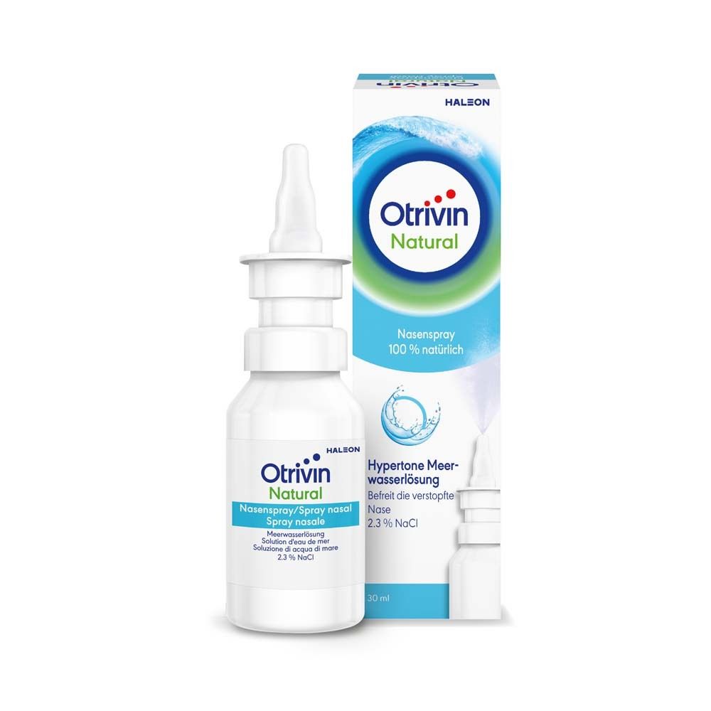 Otrivin Natural Nasenspray und Verpackung. Flasche und Schachtel mit Produktinformationen.