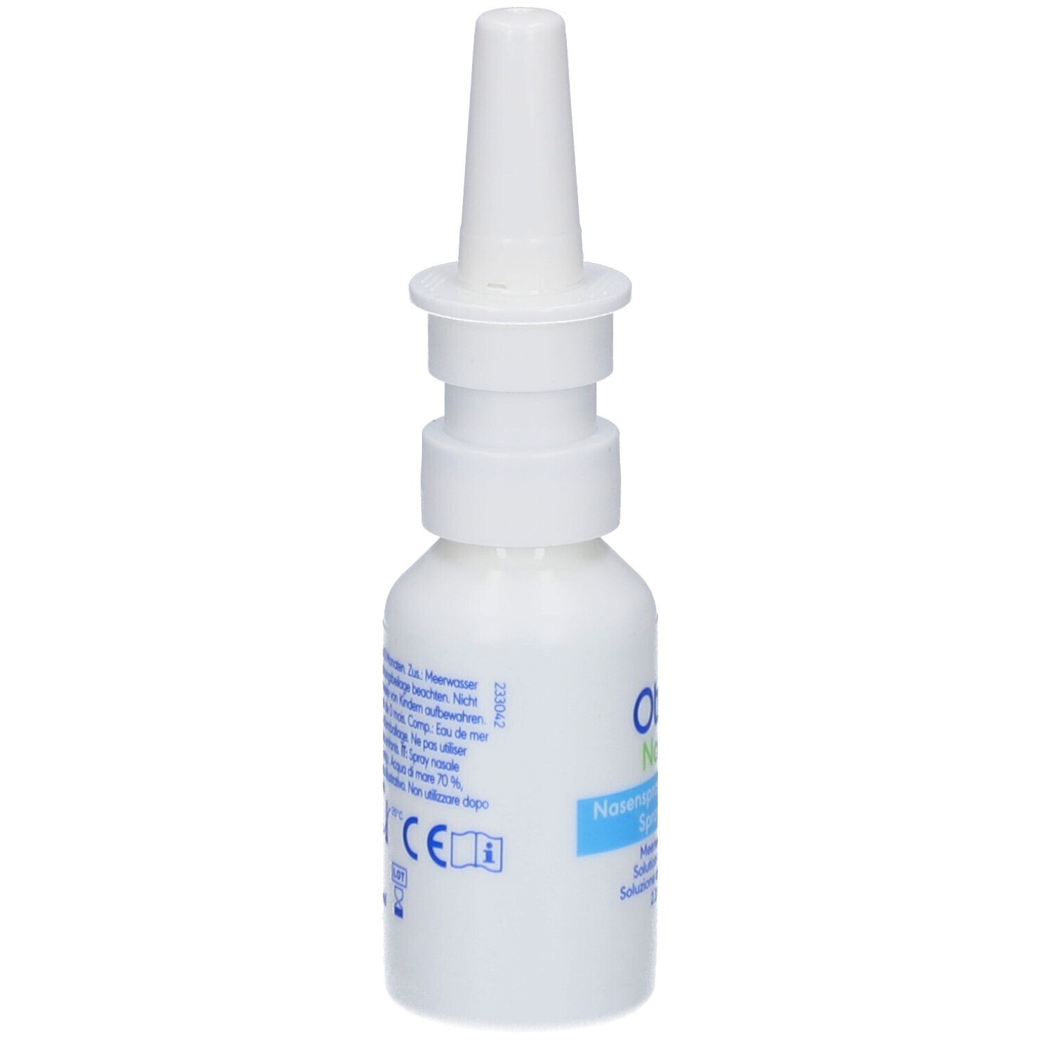 Weiße Flasche mit Nasenspray-Aufsatz. Aufschrift: Otrivin Natural Nasenspray.