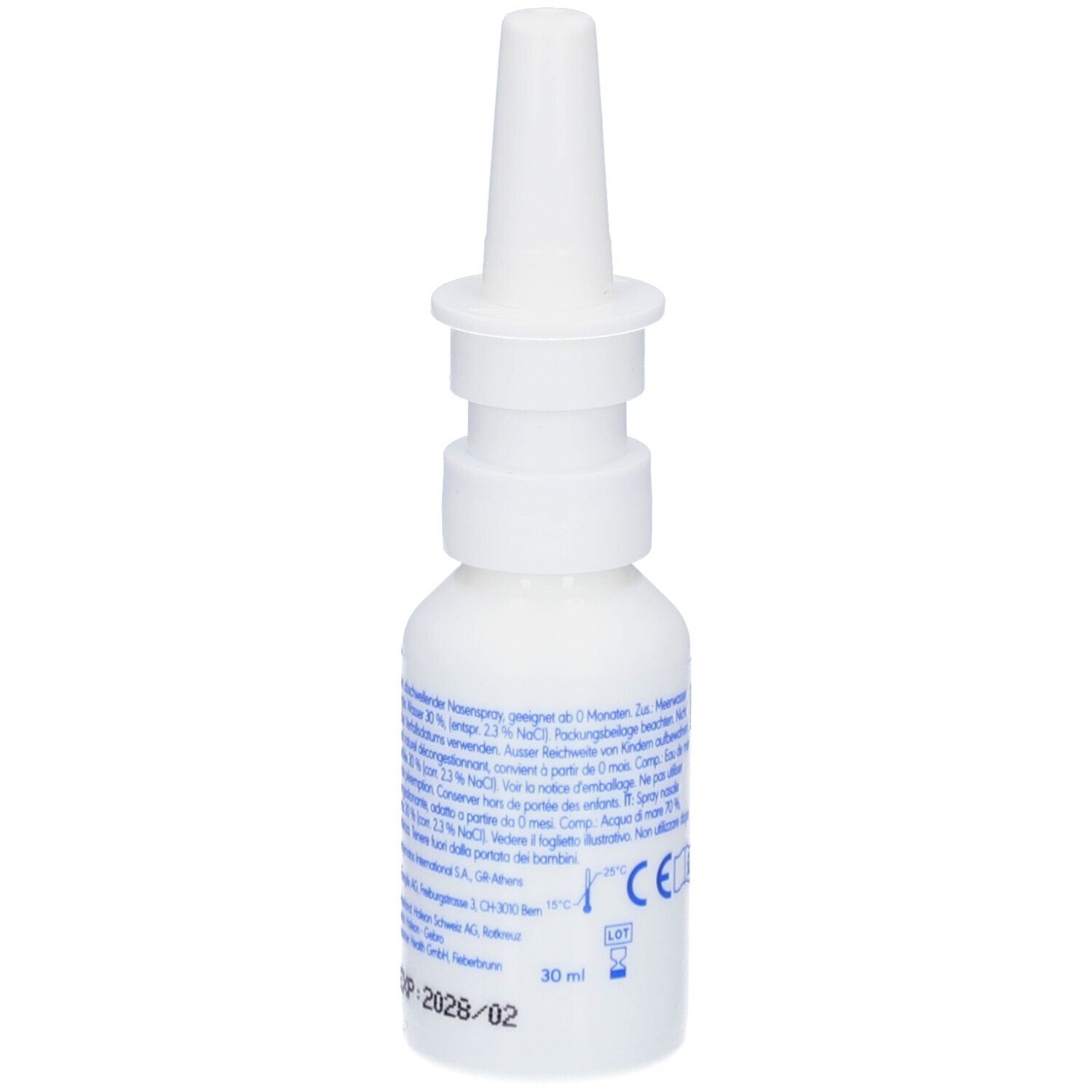 Weiße Flasche mit Nasenspray-Aufsatz. Rückseite mit Text und CE-Zeichen.
