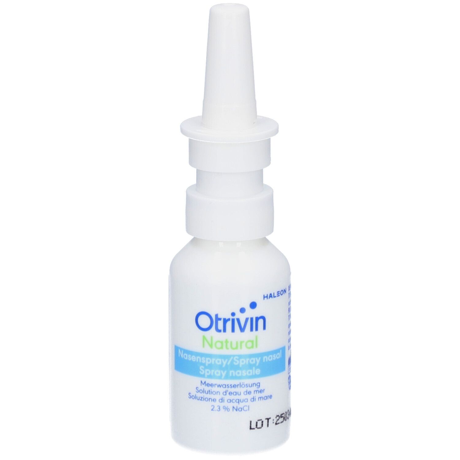 Weiße Flasche mit Nasenspray-Aufsatz. Aufschrift: Otrivin Natural Nasenspray.