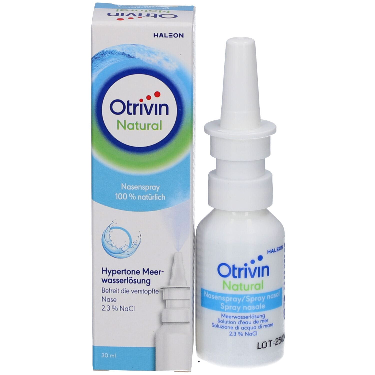 Otrivin Natural Nasenspray und Verpackung. Weiße Flasche und Schachtel mit Logo.