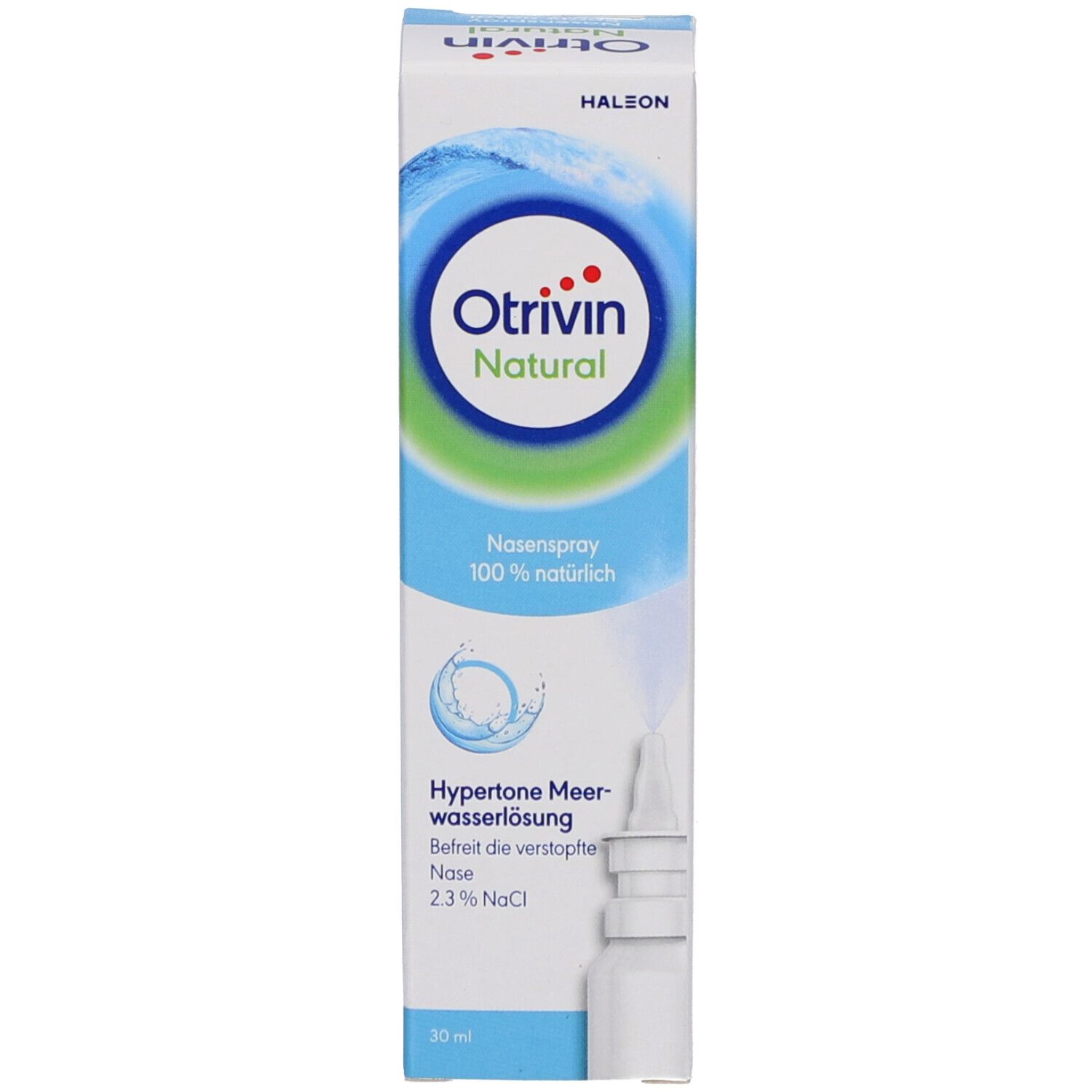 Verpackung von Otrivin Natural Nasenspray. Blaue und weiße Schachtel mit Logo.
