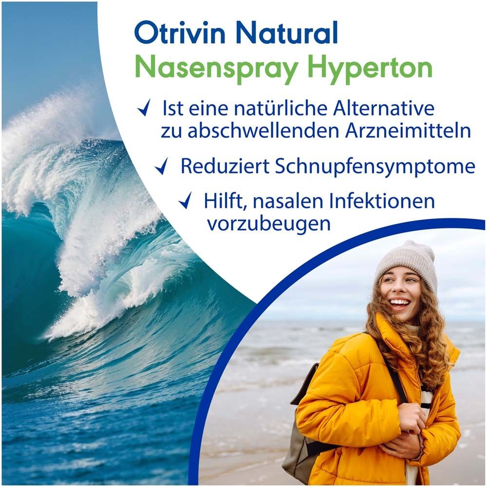 Otrivin Natural Nasenspray Hyperton. Frau am Strand. Text: Natürliche Alternative, reduziert Symptome.