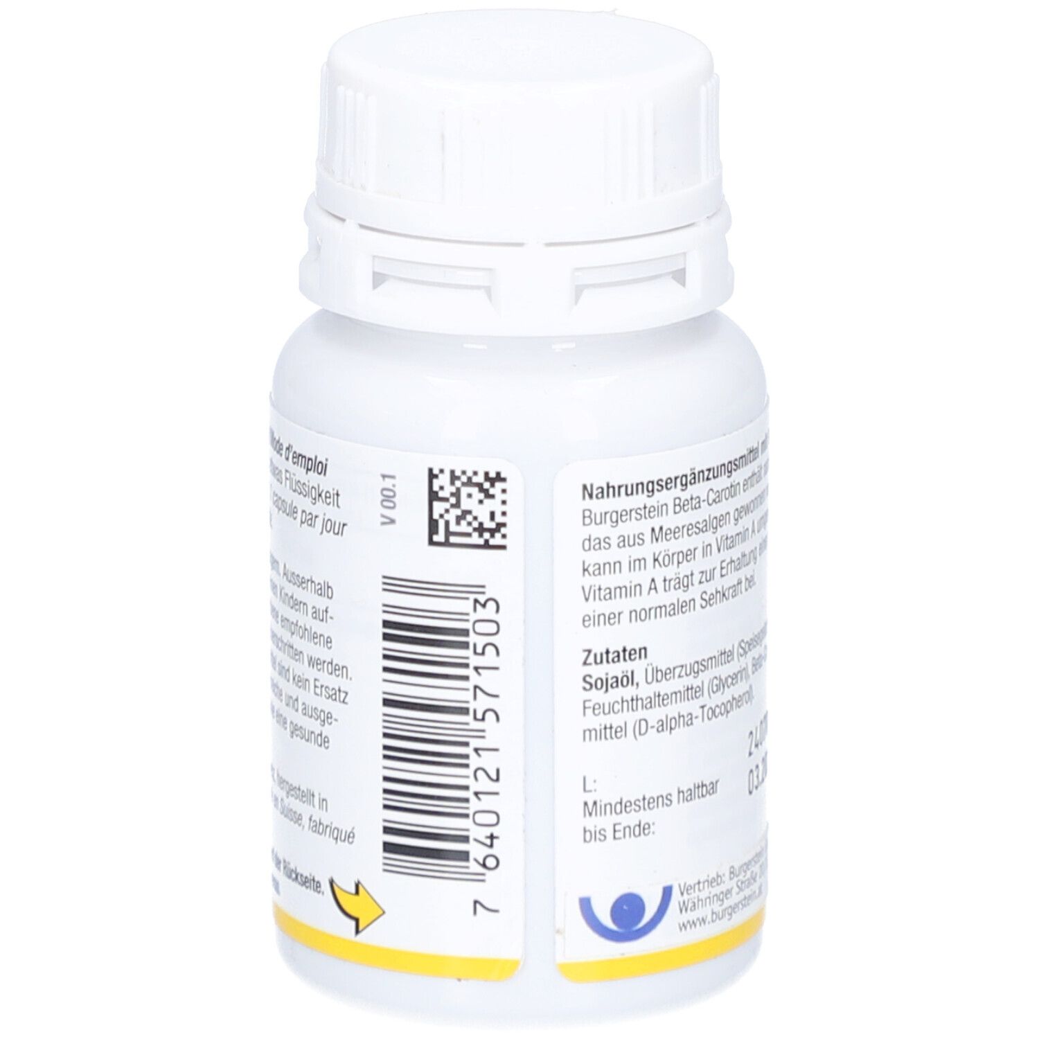 Rückseite der weißen Flasche. Barcode und Text: Nahrungsergänzungsmittel mit Beta-Carotin. Zutaten. Mindestens haltbar bis Ende.