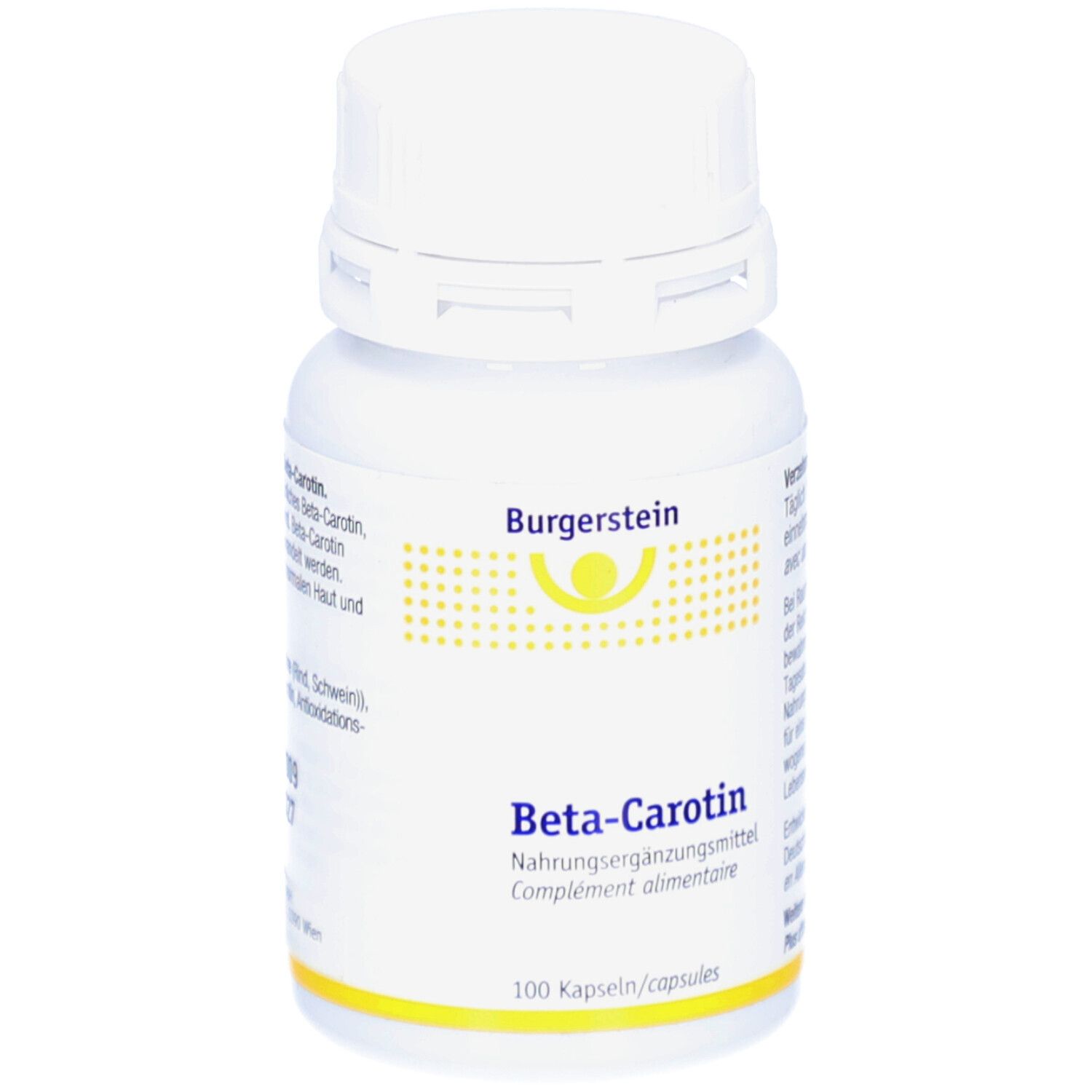 Weiße Flasche mit Schraubverschluss. Aufschrift: Burgerstein, Beta-Carotin, Nahrungsergänzungsmittel. 100 Kapseln.