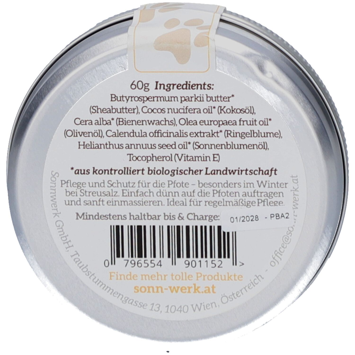 Behälterboden mit Inhaltsangaben und Herstellerinformationen. Text in deutscher Sprache.