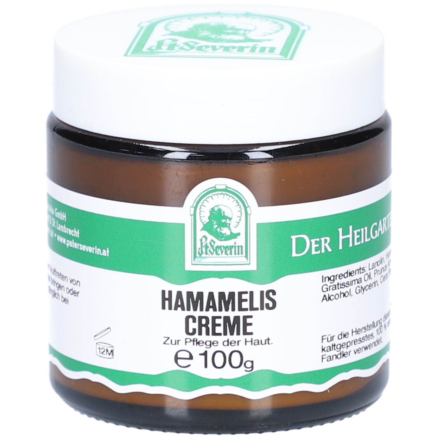 Braunes Glas mit weißem Deckel. Aufschrift: HAMAMELIS CREME, e 100g. Grün-weißes Etikett mit Logo und Text.