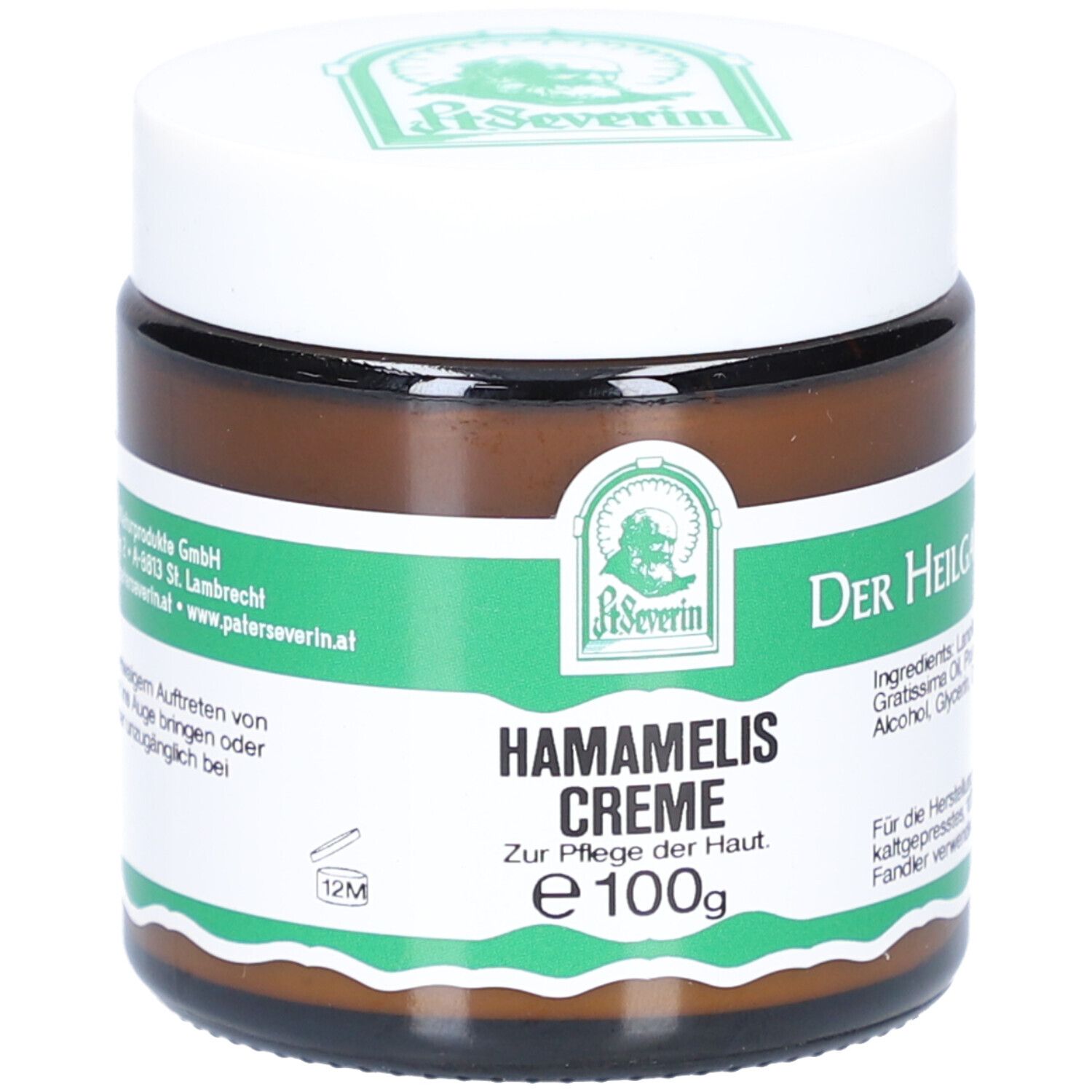 Braunes Glas mit weißem Deckel. Aufschrift: HAMAMELIS CREME, e 100g. Grün-weißes Etikett mit Logo und Text.