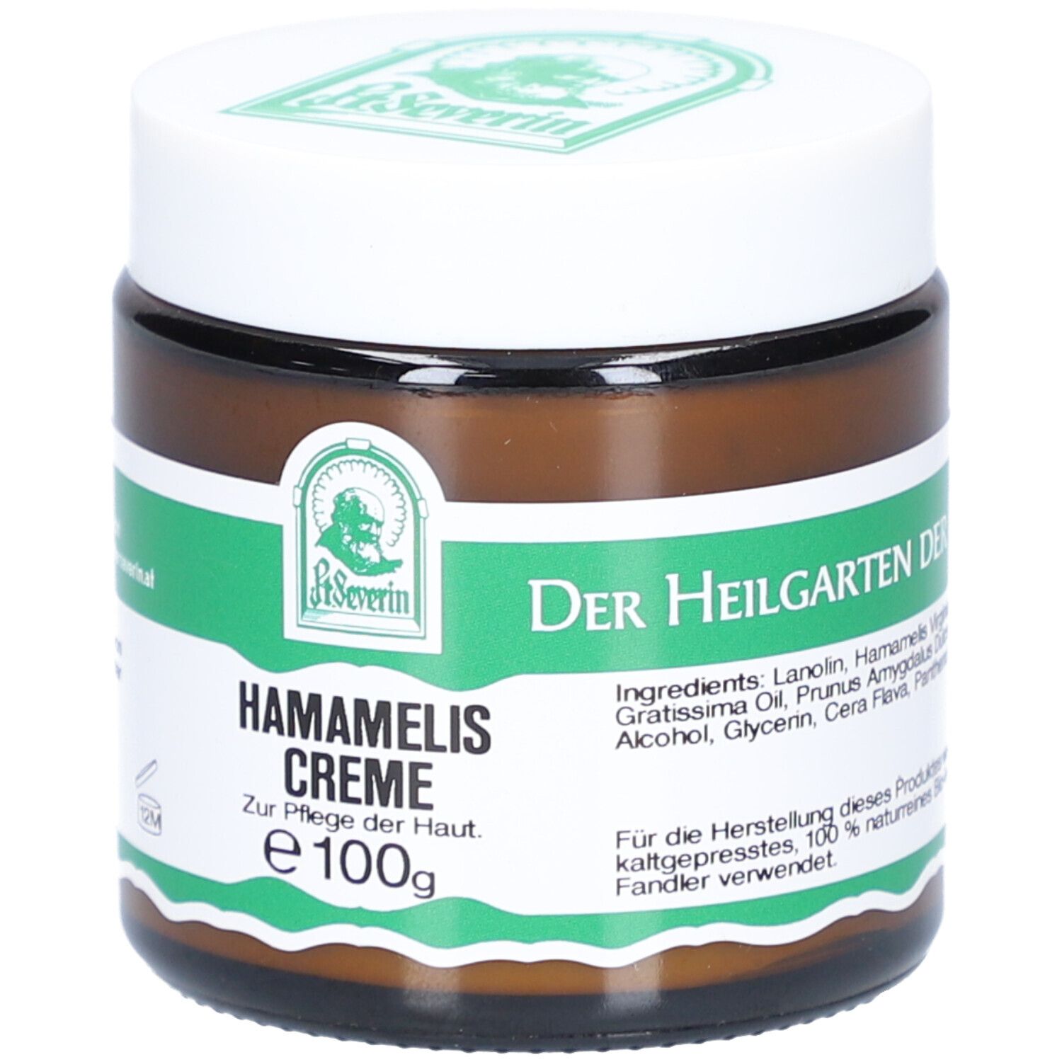 Braunes Glas mit weißem Deckel. Aufschrift: HAMAMELIS CREME, e 100g. Grün-weißes Etikett mit Logo und Text. Zutatenliste.