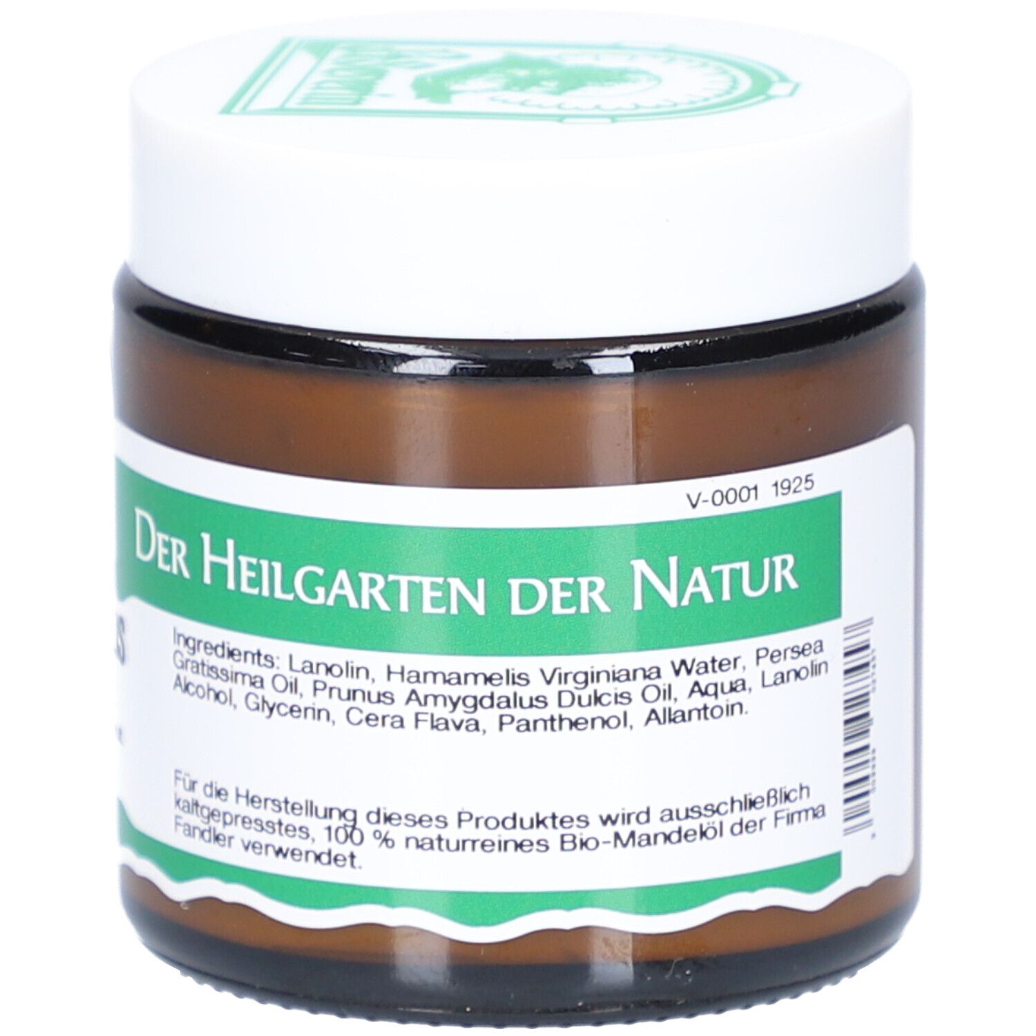 Braunes Glas mit weißem Deckel. Grün-weißes Etikett mit Text und Zutatenliste. Text: Der Heilgarten der Natur.