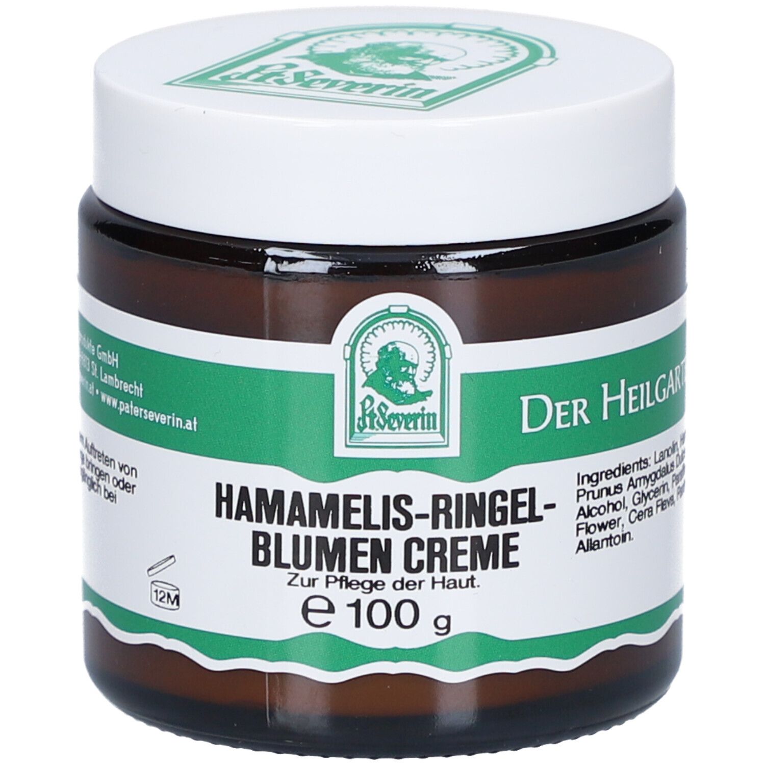 Braunes Glas mit weißem Deckel. Aufschrift: Hamamelis-Ringelblumen Creme. Grünes Etikett mit Logo und Text. E 100 g.