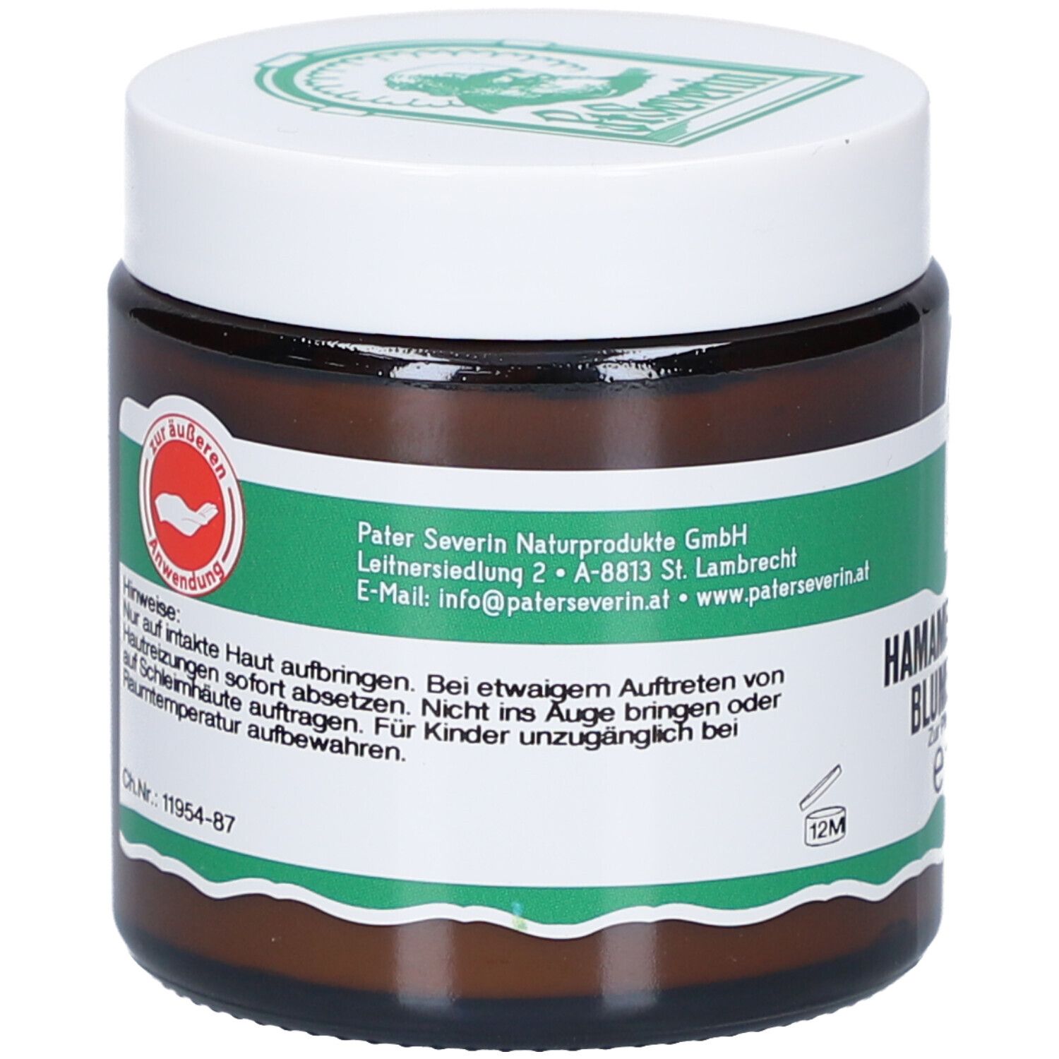 Braunes Glas mit weißem Deckel. Grünes Etikett mit Text und Logo. Text: Pater Severin Naturprodukte GmbH. Hinweise zur Anwendung.
