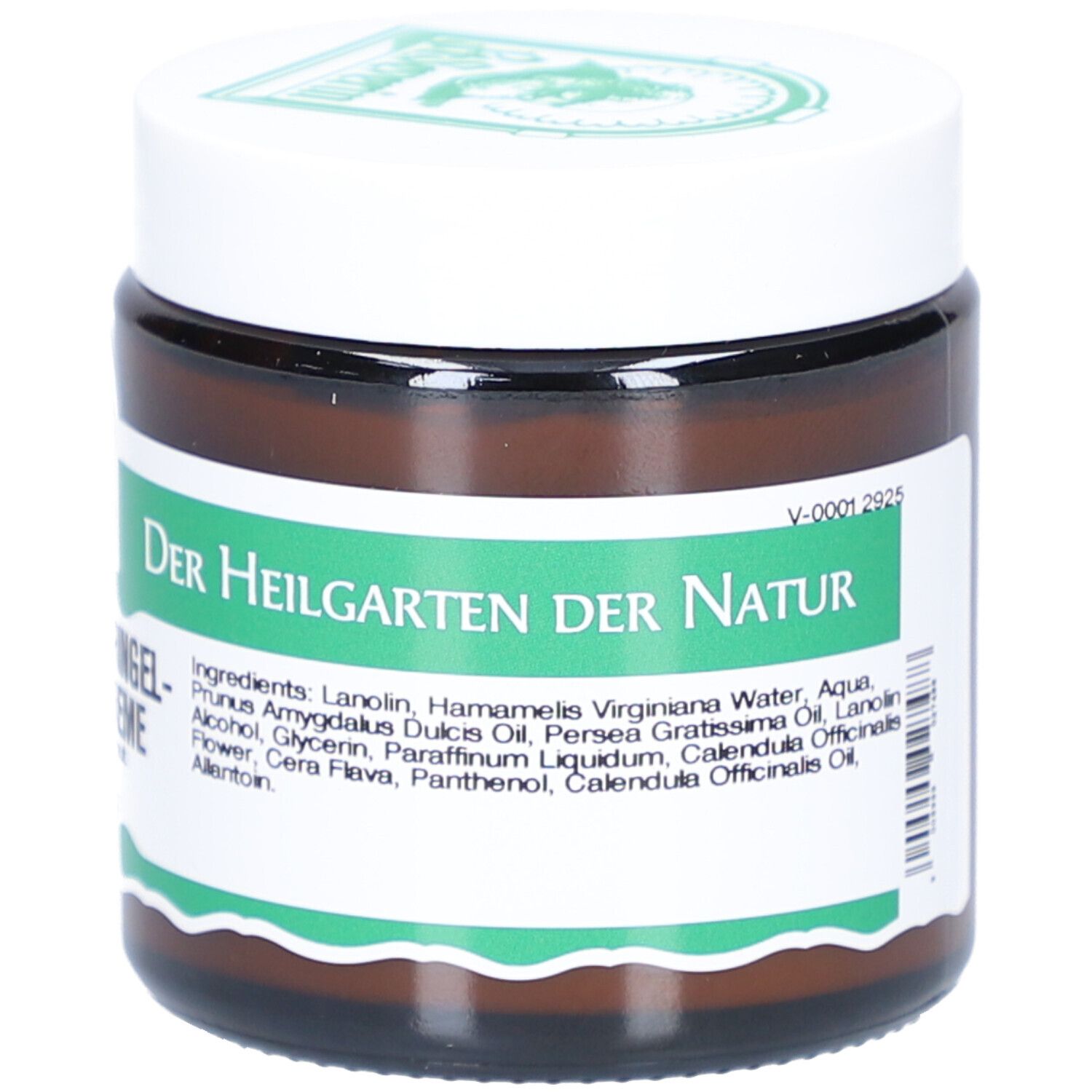 Braunes Glas mit weißem Deckel. Grünes Etikett mit Text und Logo. Text: Der Heilgarten der Natur. Inhaltsstoffe.