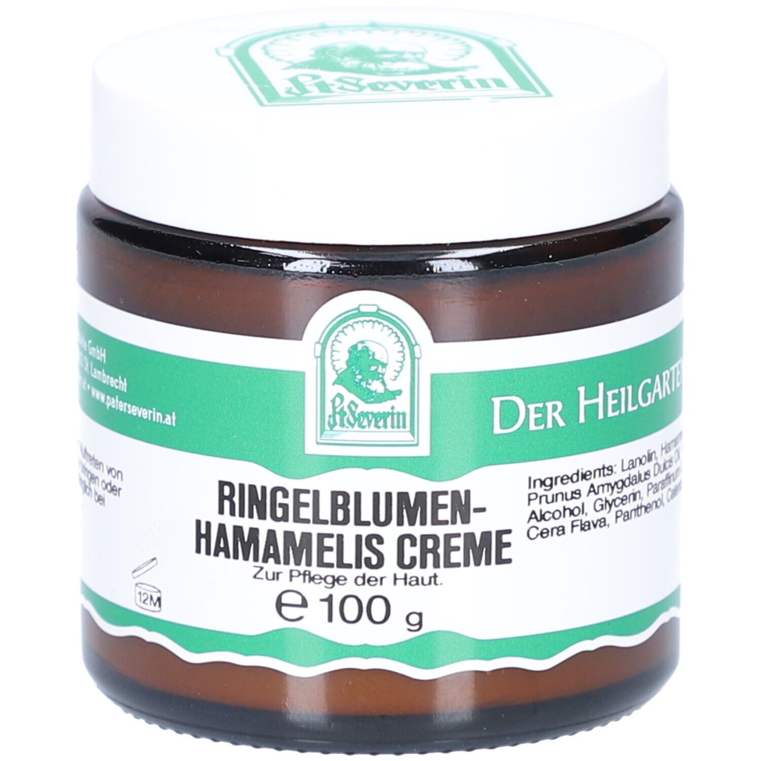 Braunes Glas mit weißem Deckel. Aufschrift: Ringelblumen-Hamamelis Creme. Grün-weiße Etiketten. Logo: Pater Severin.