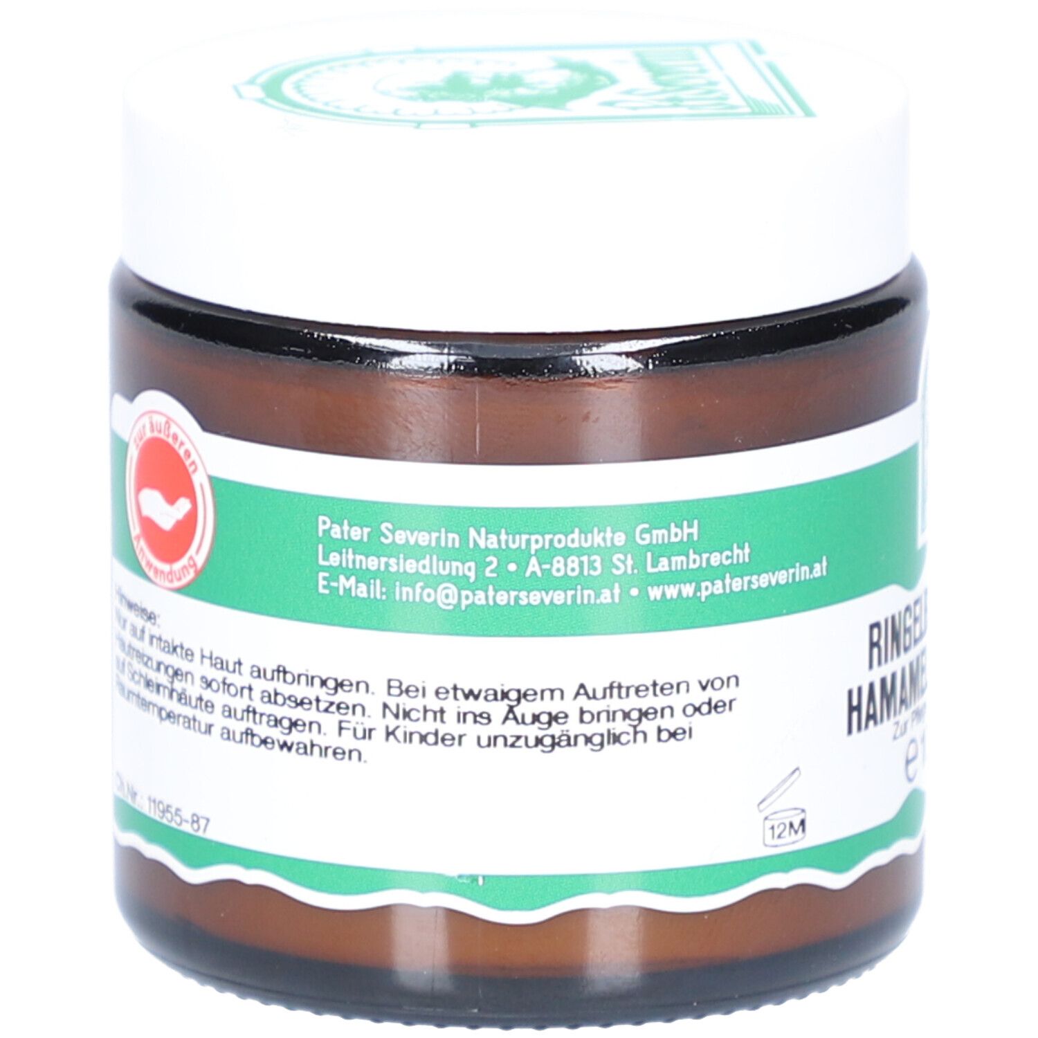 Braunes Glas mit weißem Deckel. Rückseite mit Text und Logo. Grün-weißes Etikett. Text: Pater Severin Naturprodukte GmbH.