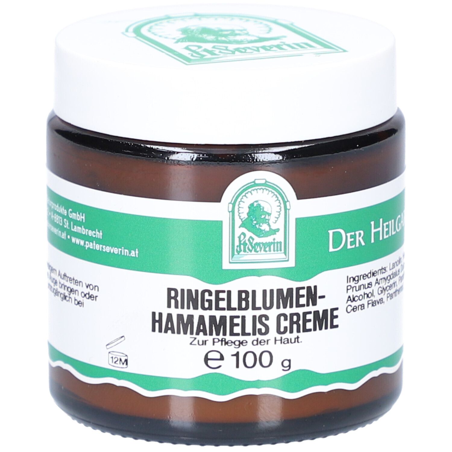 Braunes Glas mit weißem Deckel. Aufschrift: Ringelblumen-Hamamelis Creme. Grün-weiße Etiketten. Logo: Pater Severin.
