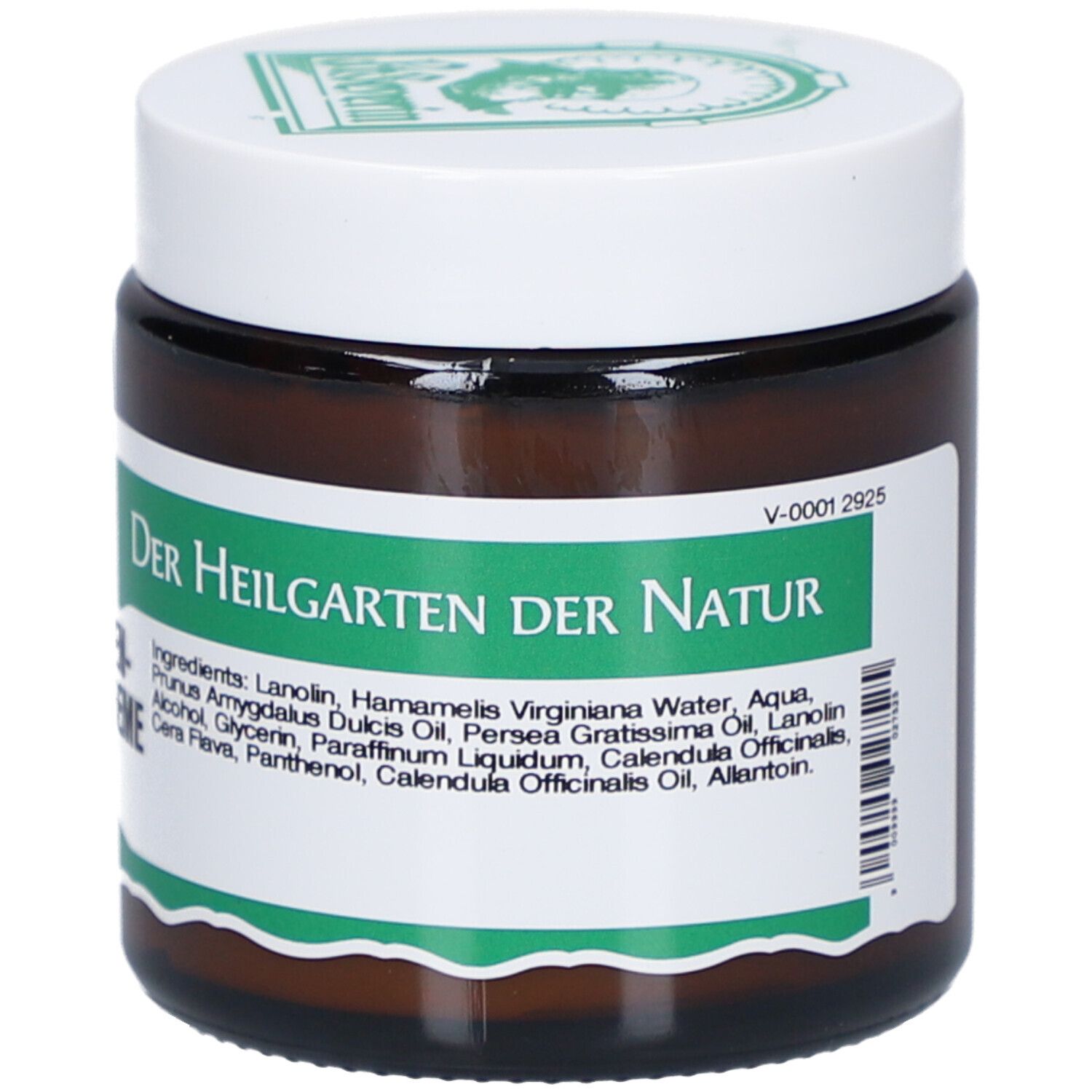 Braunes Glas mit weißem Deckel. Grün-weißes Etikett mit Text. Aufschrift: Der Heilgarten der Natur. Inhaltsstoffe.