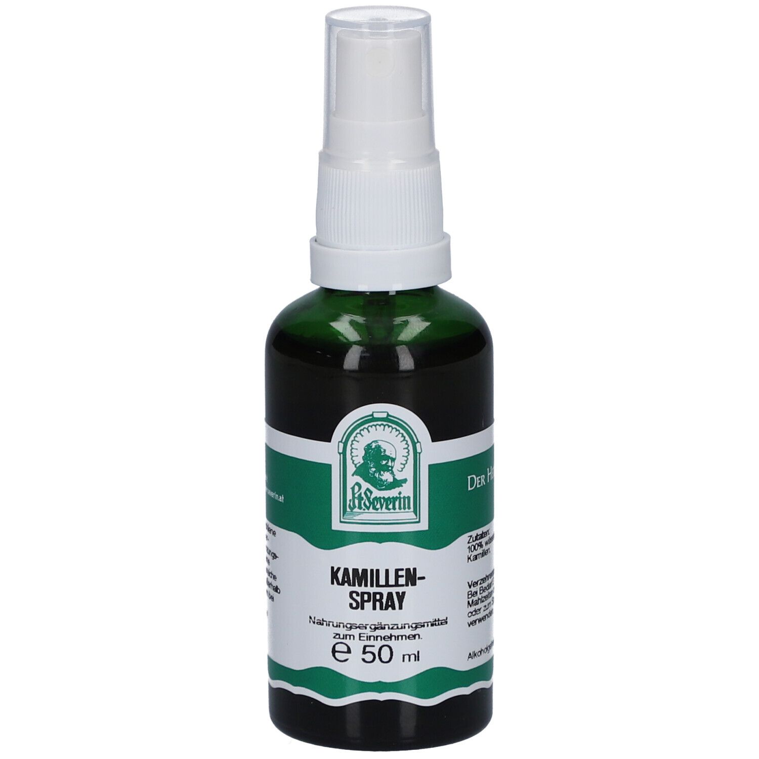 Grüne Sprühflasche mit weißem Sprühkopf. Aufschrift: KAMILLEN-SPRAY, e 50 ml. Logo: St. Severin.