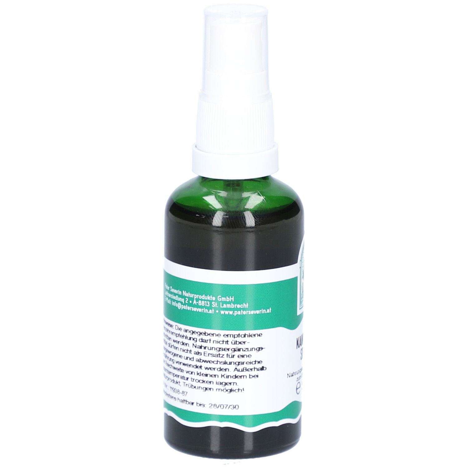Grüne Sprühflasche mit weißem Sprühkopf. Rückseite mit Text und Logo. Herstellerinformationen.
