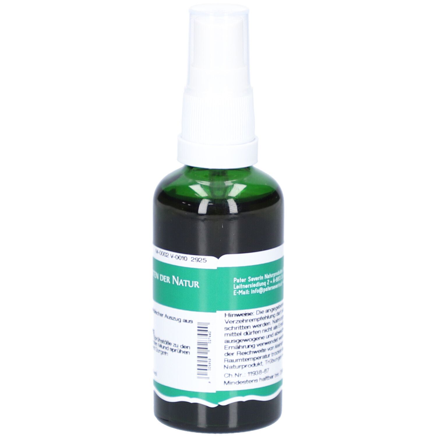 Grüne Sprühflasche mit weißem Sprühkopf. Rückseite mit Text und Logo. Herstellerinformationen.