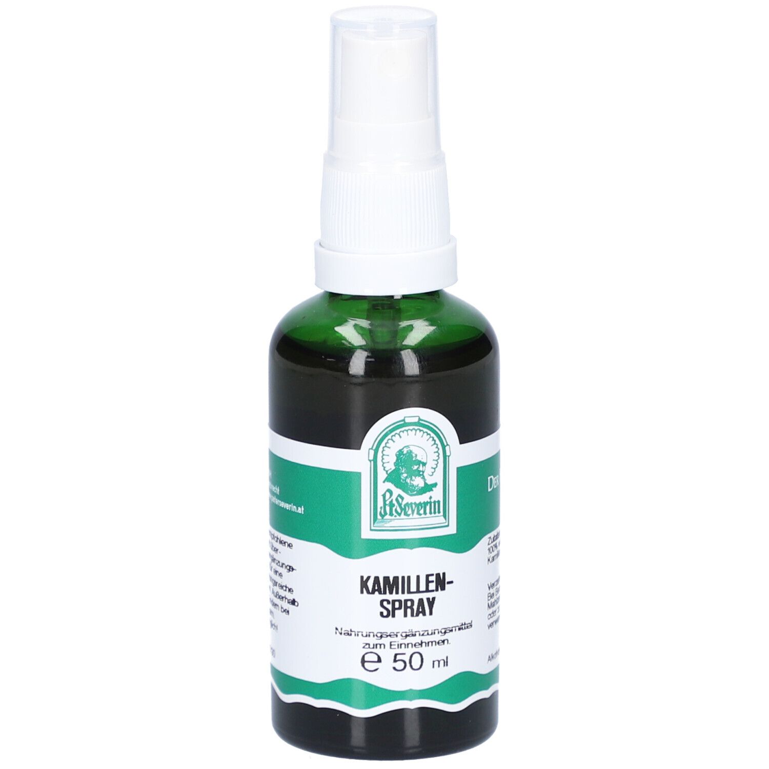 Grüne Sprühflasche mit weißem Sprühkopf. Aufschrift: KAMILLEN-SPRAY, e 50 ml. Logo: St. Severin.