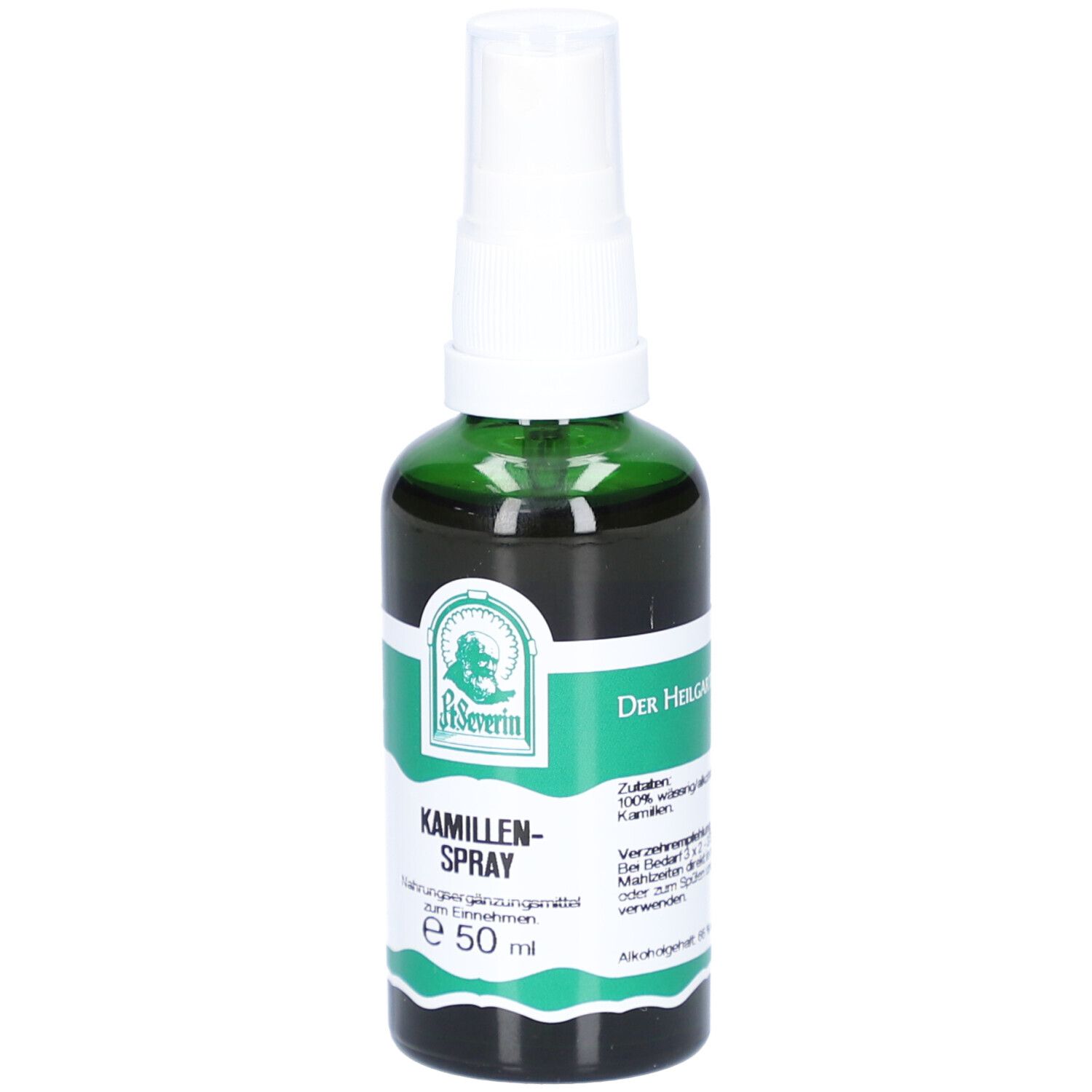 Grüne Sprühflasche mit weißem Sprühkopf. Aufschrift: KAMILLEN-SPRAY, e 50 ml. Logo: St. Severin.