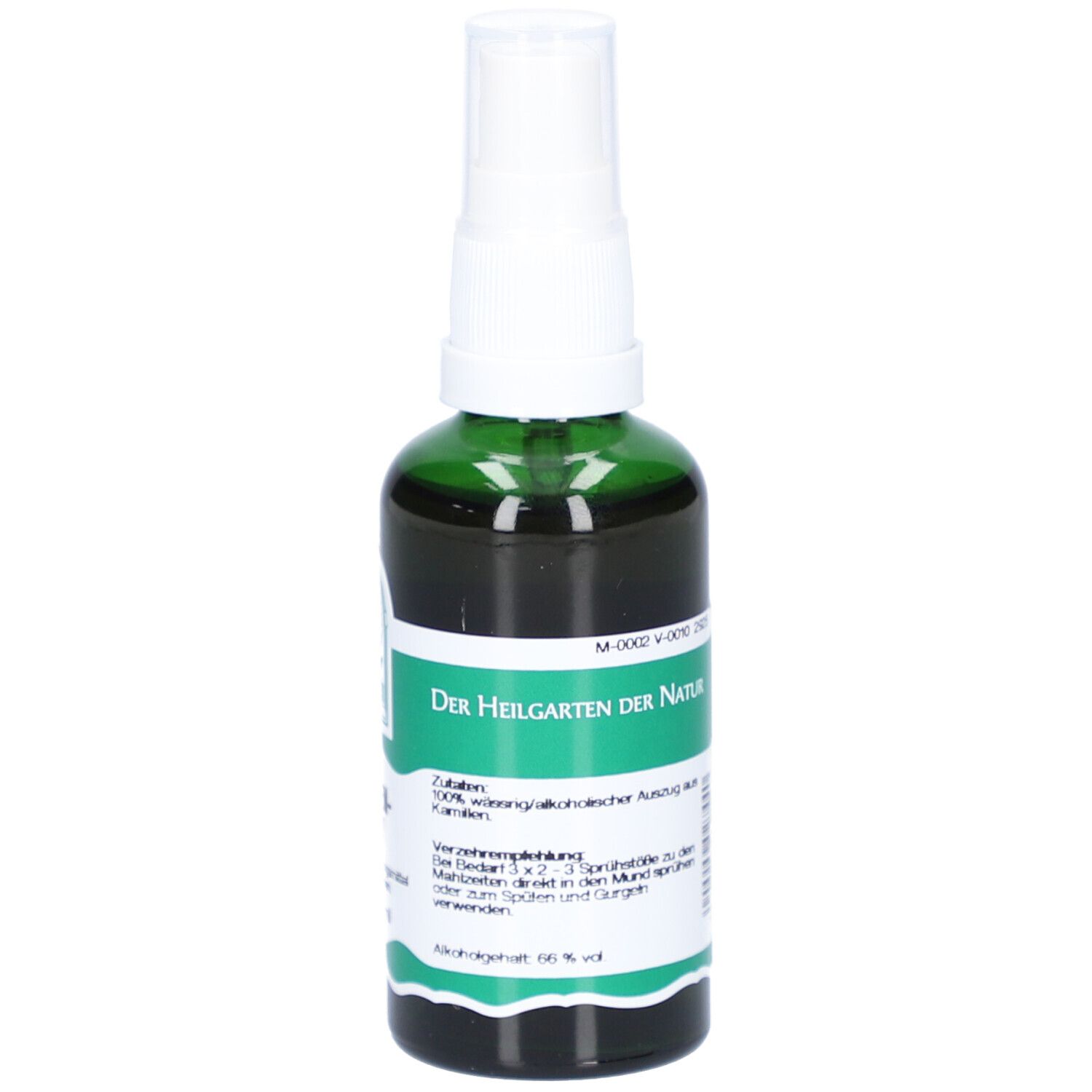 Grüne Sprühflasche mit weißem Sprühkopf. Rückseite mit Text und Logo. Herstellerinformationen.