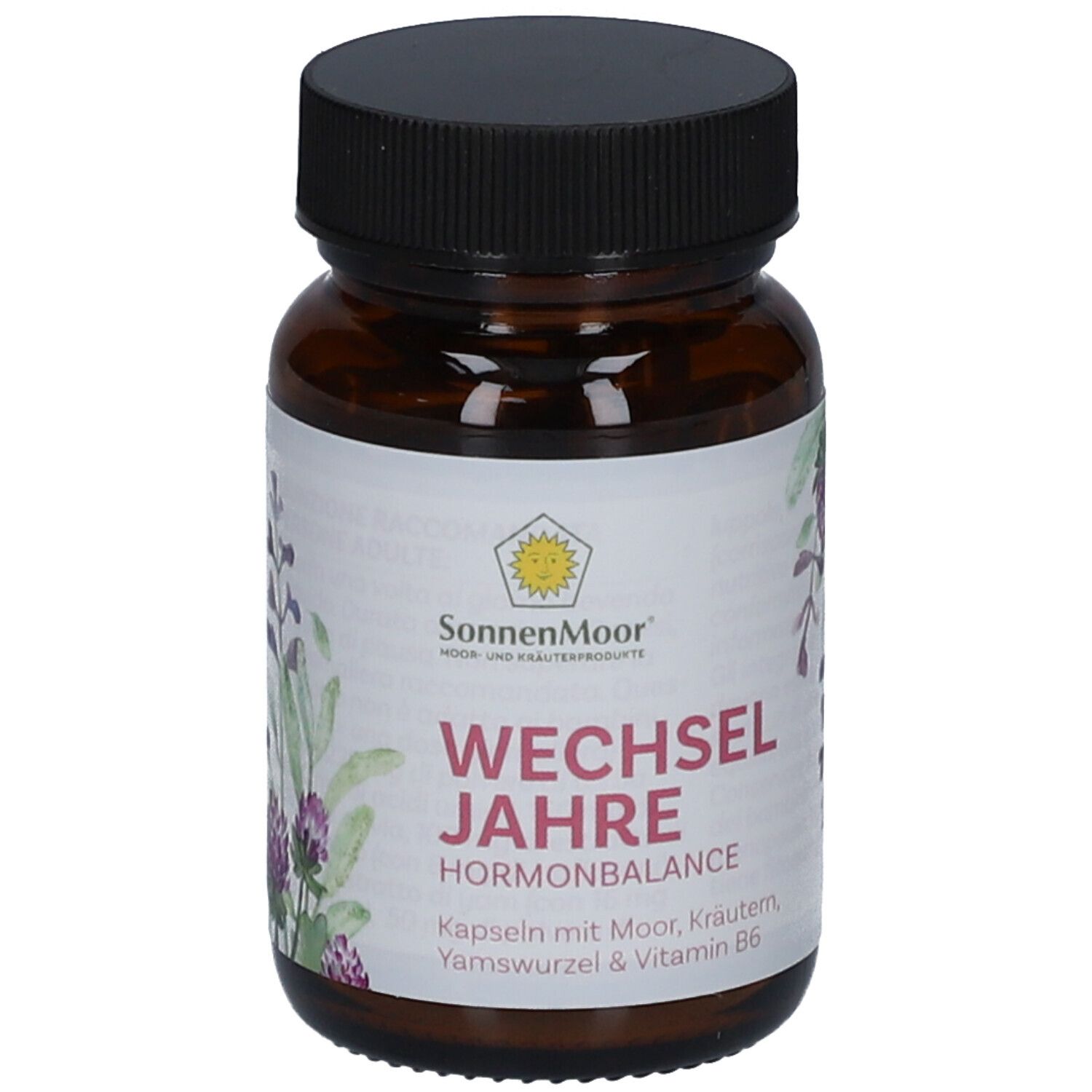 Braune Glasflasche mit schwarzem Deckel. Aufkleber mit Produktnamen, Logo und floralen Illustrationen.