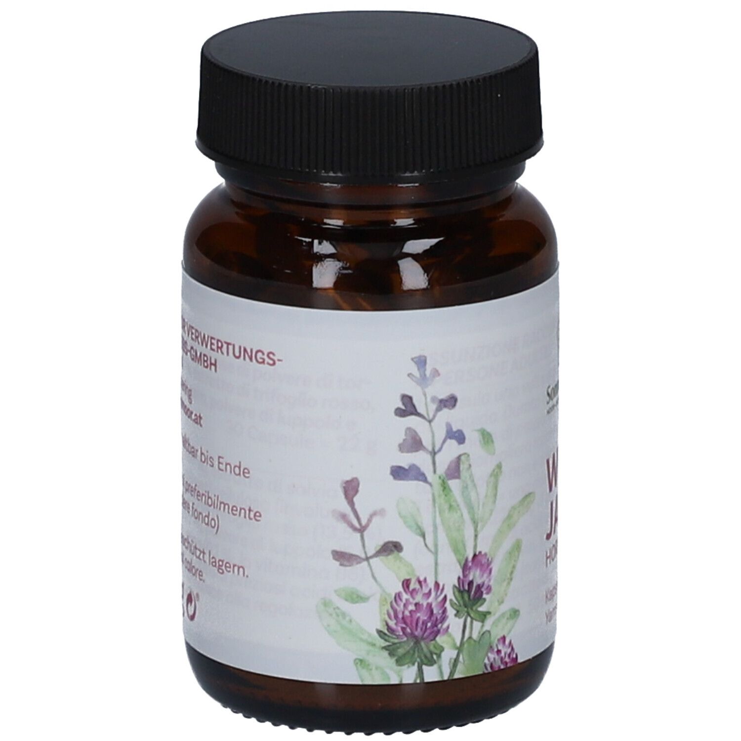 Braune Glasflasche mit schwarzem Deckel. Aufkleber mit Produktinformationen und floralen Illustrationen.