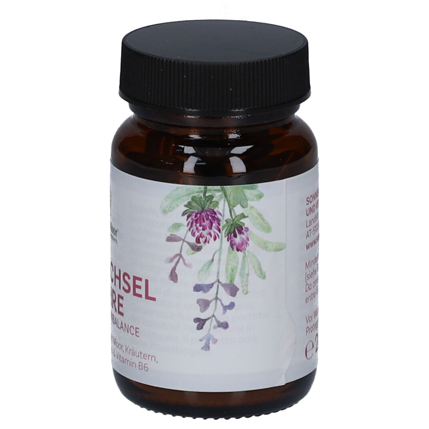 Braune Glasflasche mit schwarzem Deckel. Aufkleber mit Produktnamen, Logo und floralen Illustrationen.