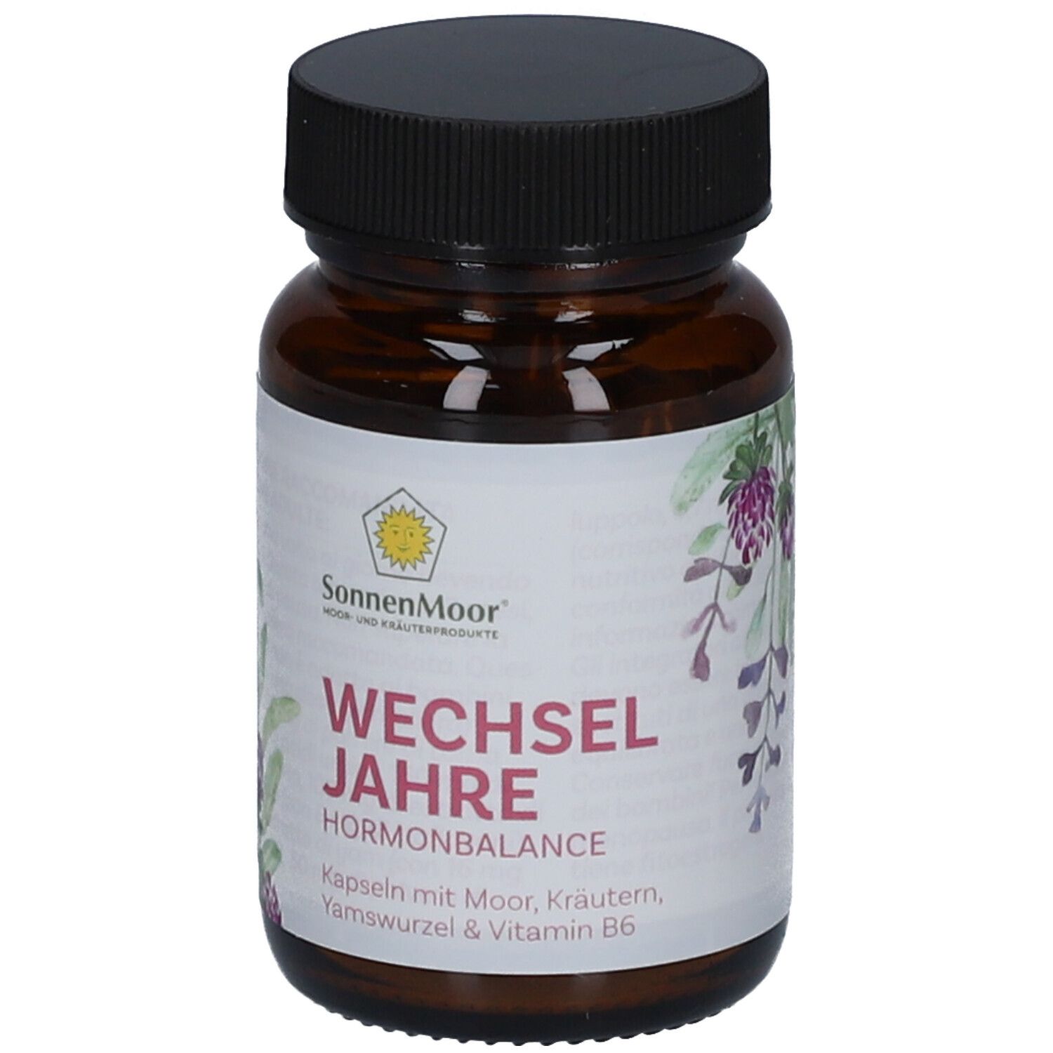 Braune Glasflasche mit schwarzem Deckel. Aufkleber mit Produktnamen, Logo und floralen Illustrationen.