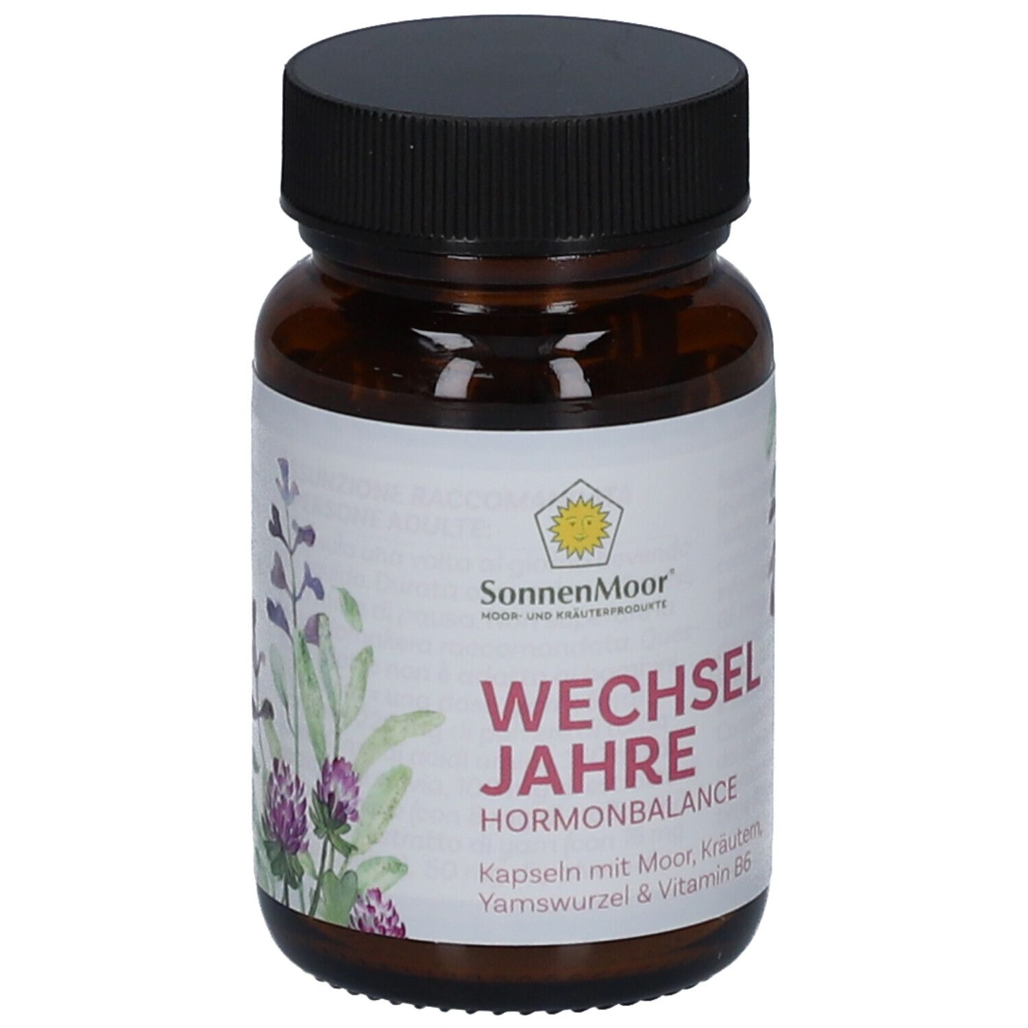 Braune Glasflasche mit schwarzem Deckel. Aufkleber mit Produktnamen, Logo und floralen Illustrationen.