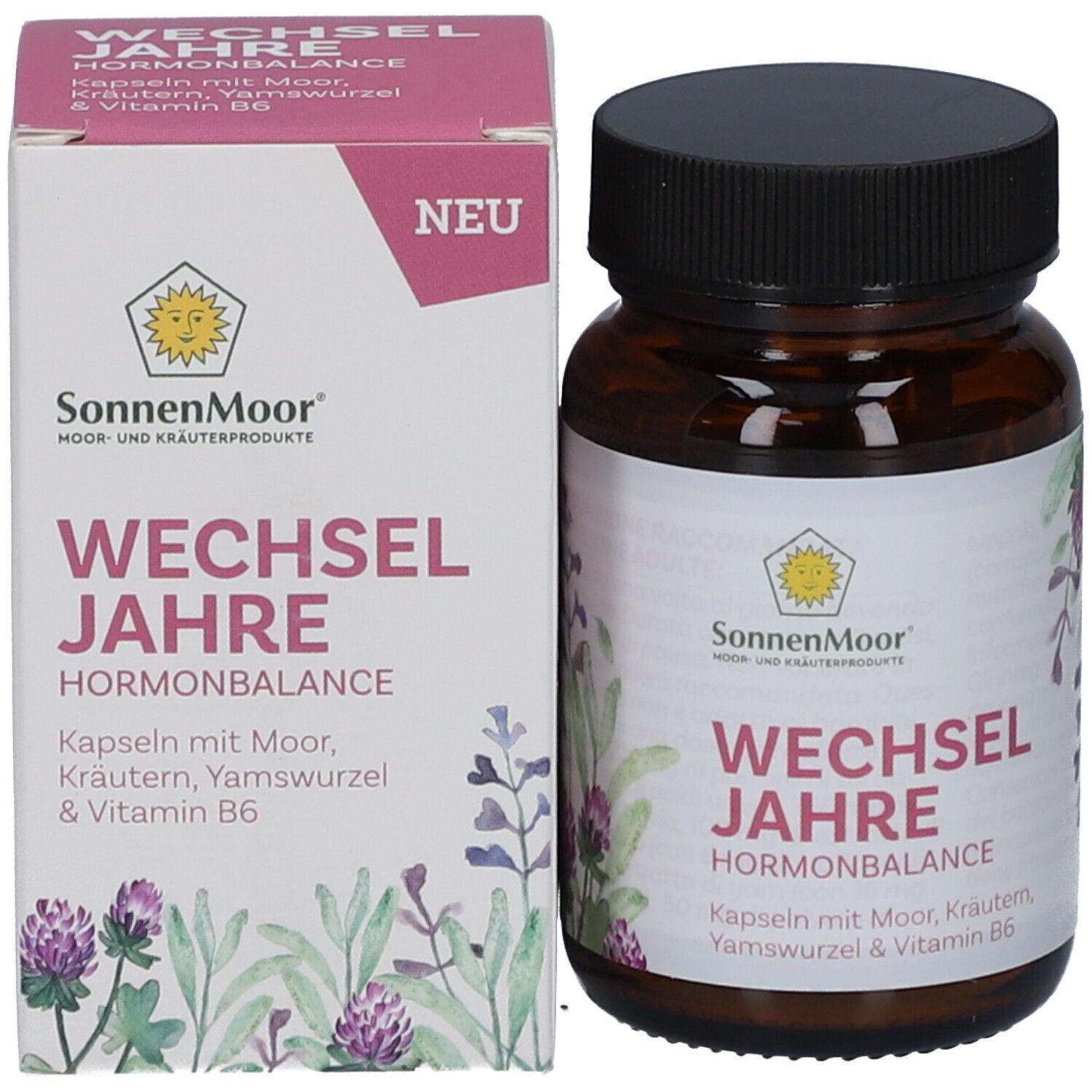 Produktflasche und -verpackung. Braune Flasche, weiße Schachtel mit Produktnamen, Logo und floralen Elementen.