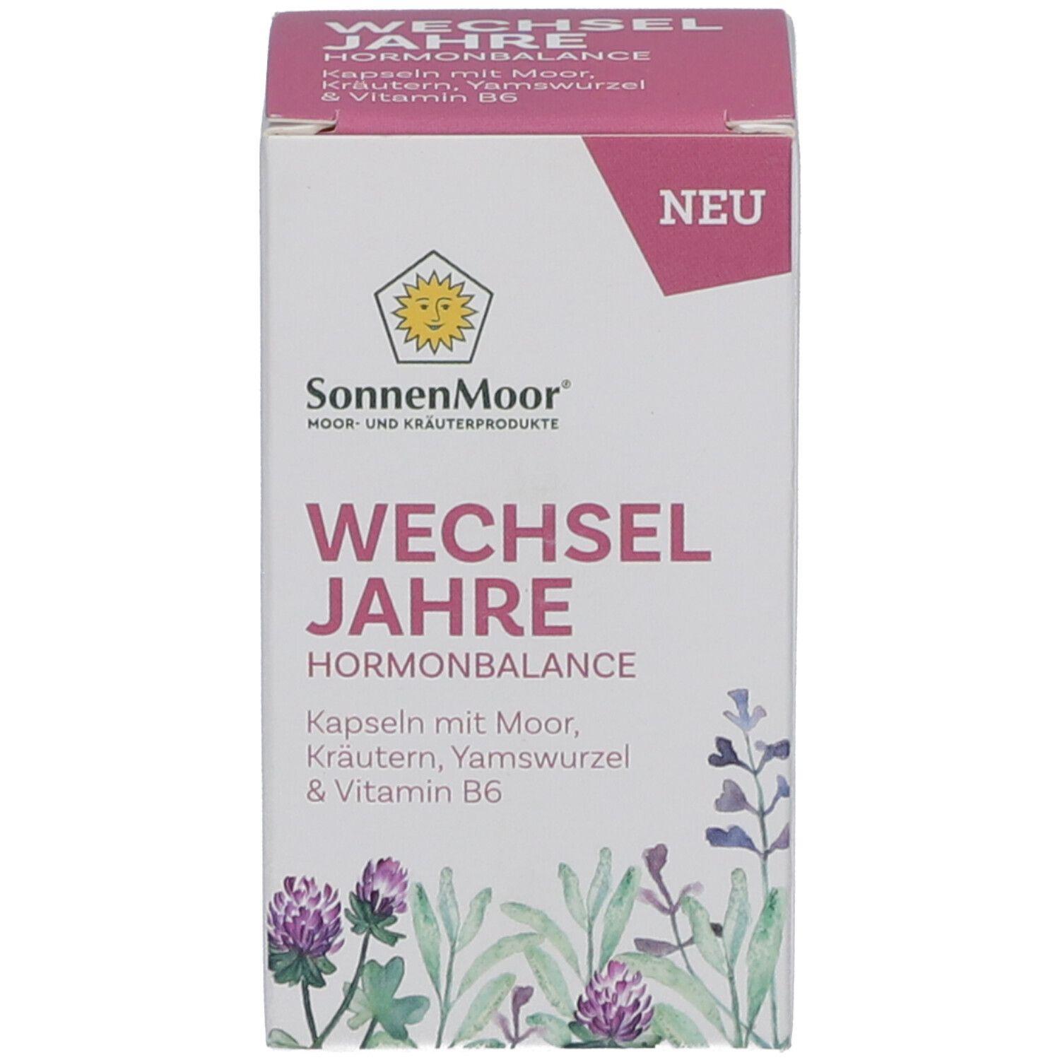 Weiße Produktverpackung mit Produktnamen, Logo und floralen Illustrationen. Rosa Akzent.