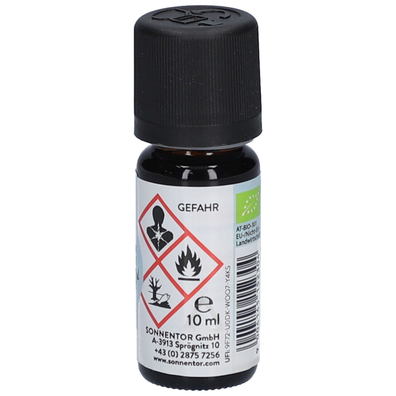 Braune Glasflasche mit schwarzem Deckel. Etikett mit Gefahrensymbolen und 10 ml. Aufschrift: Frischluft.