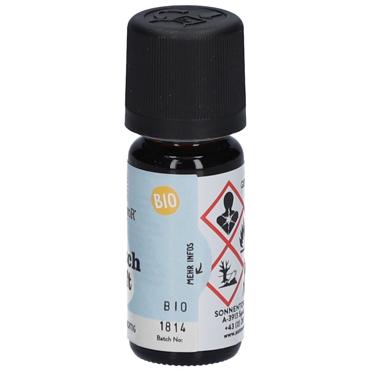 Braune Glasflasche mit schwarzem Deckel. Etikett mit Gefahrensymbolen und BIO-Siegel. Aufschrift: Frischluft.