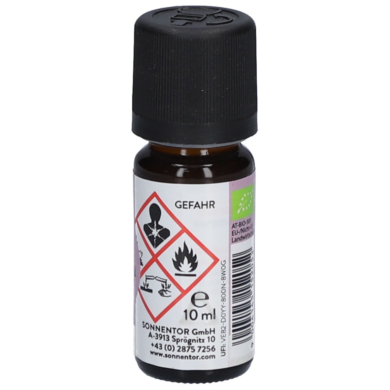 Braune Glasflasche mit schwarzem Deckel. Etikett mit Gefahrensymbolen und 10 ml Volumen. Marke Sonnentor und Adresse.