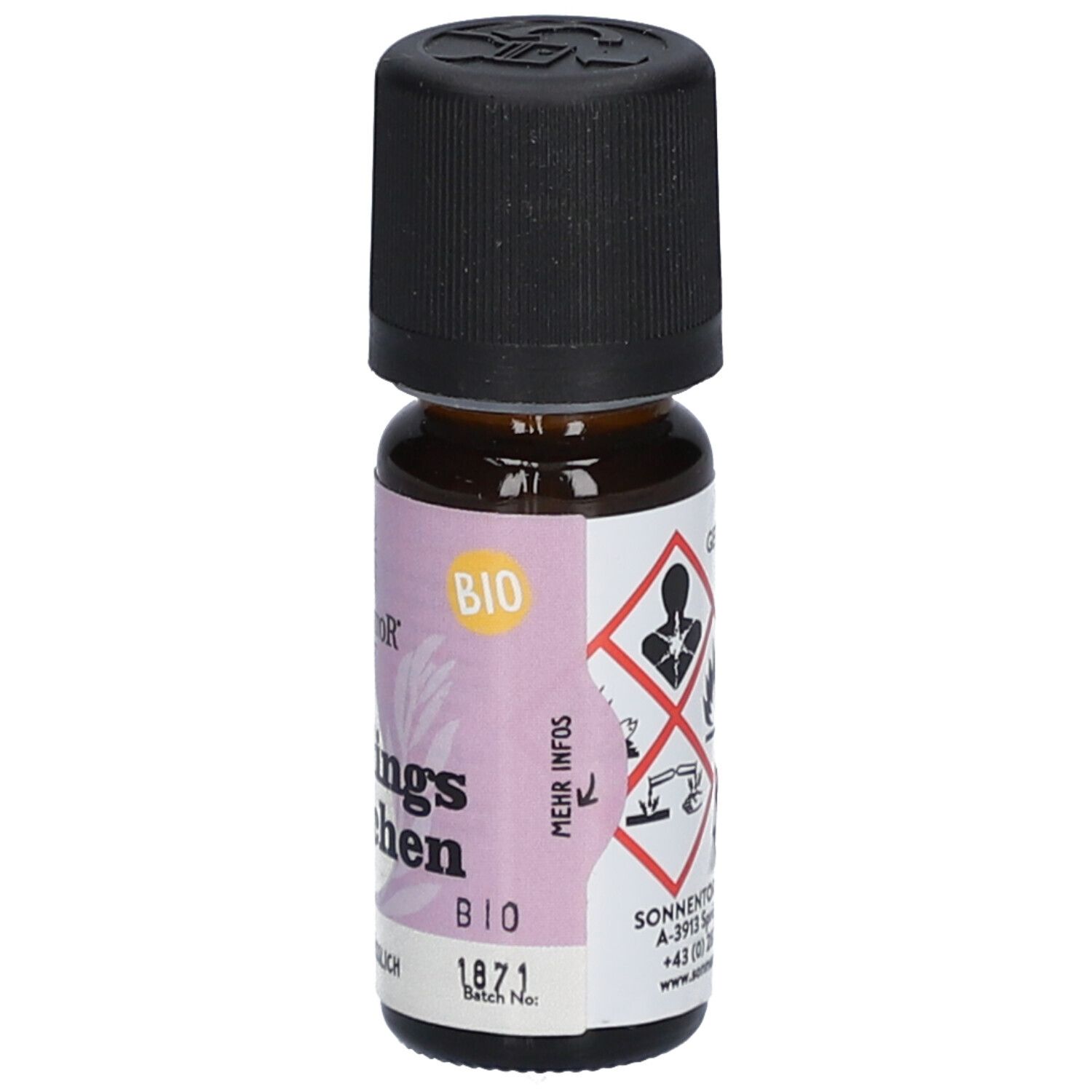 Braune Glasflasche mit schwarzem Deckel. Etikett mit Produktnamen, Marke Sonnentor, BIO-Zertifizierung und Gefahrensymbolen.