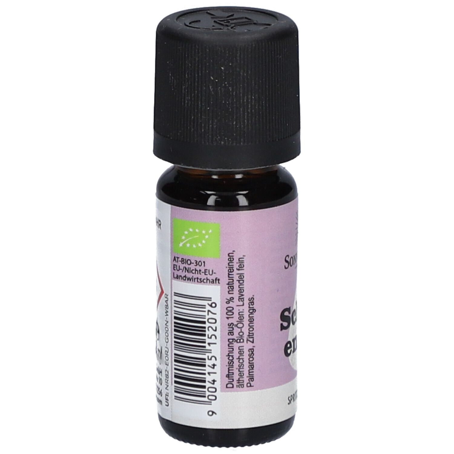 Braune Glasflasche mit schwarzem Deckel. Etikett mit Logo, Produktname, Bio-Siegel und Inhaltsstoffen.