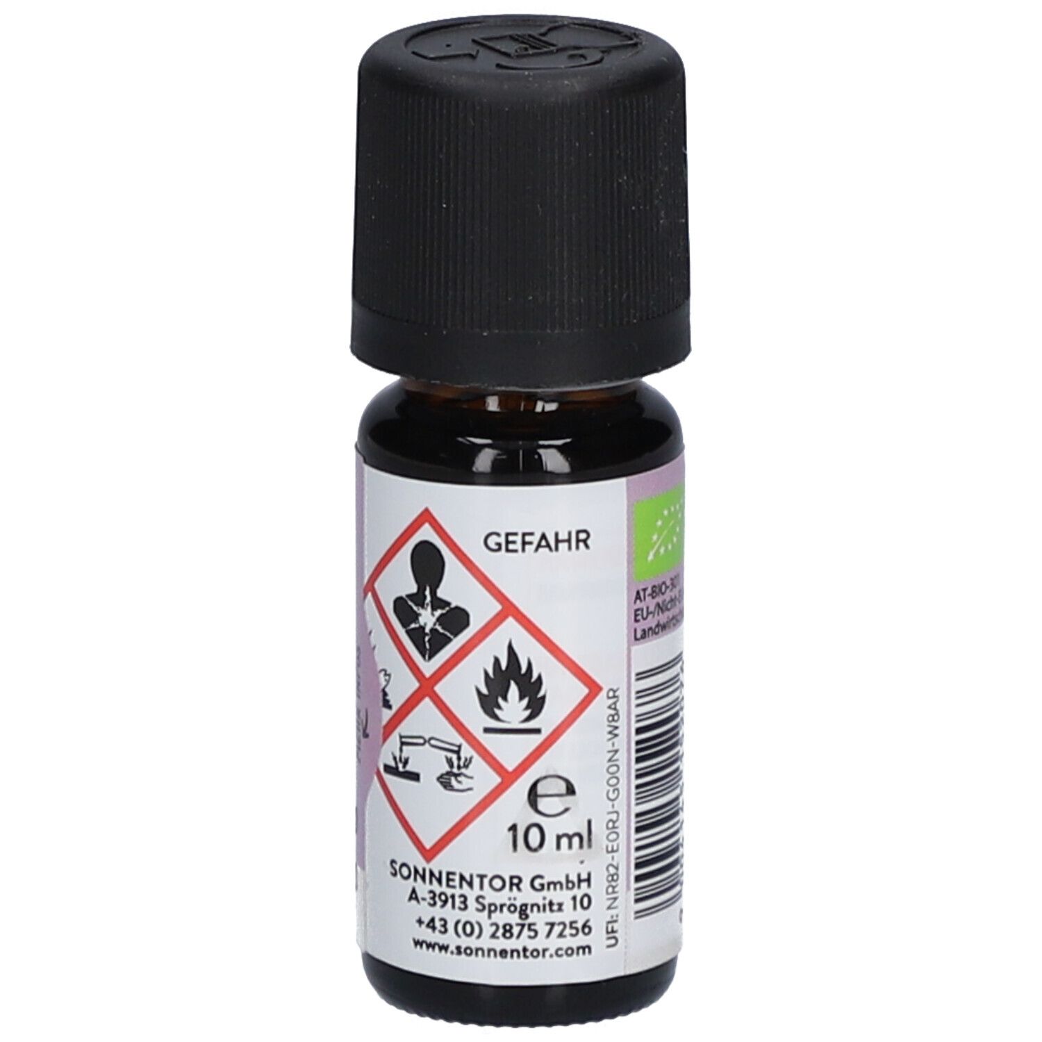 Braune Glasflasche mit schwarzem Deckel. Etikett mit Gefahrensymbolen, Volumenangabe und Firmenadresse.