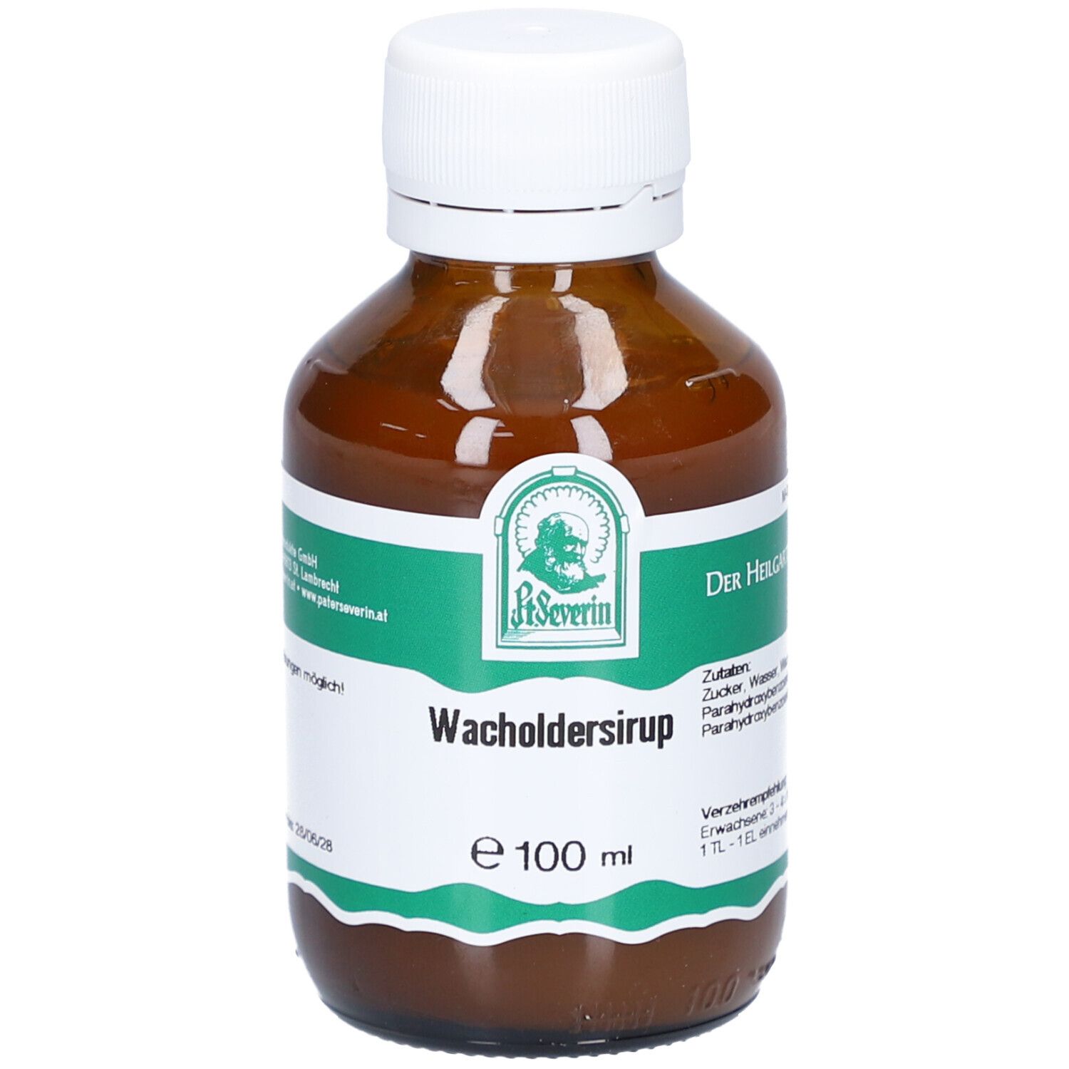 Braune Glasflasche mit weißem Deckel. Etikett mit Produktname und Logo.