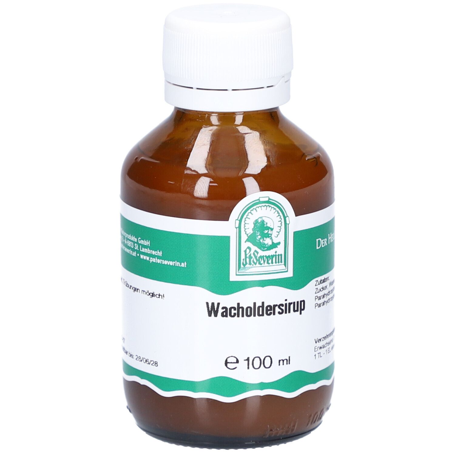 Braune Glasflasche mit weißem Deckel. Etikett mit Produktname und Logo.