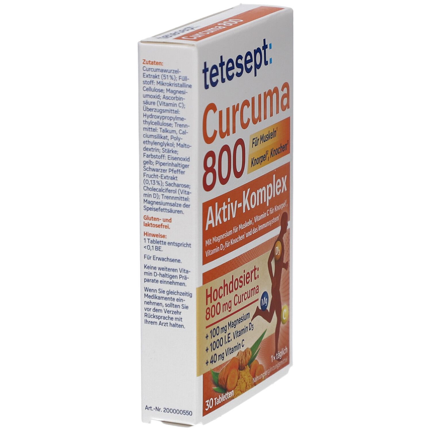 Weiße Schachtel mit tetesept Curcuma 800. Seitenansicht mit Zutatenliste und Produktinformationen. 30 Tabletten. Orangefarbener Streifen.