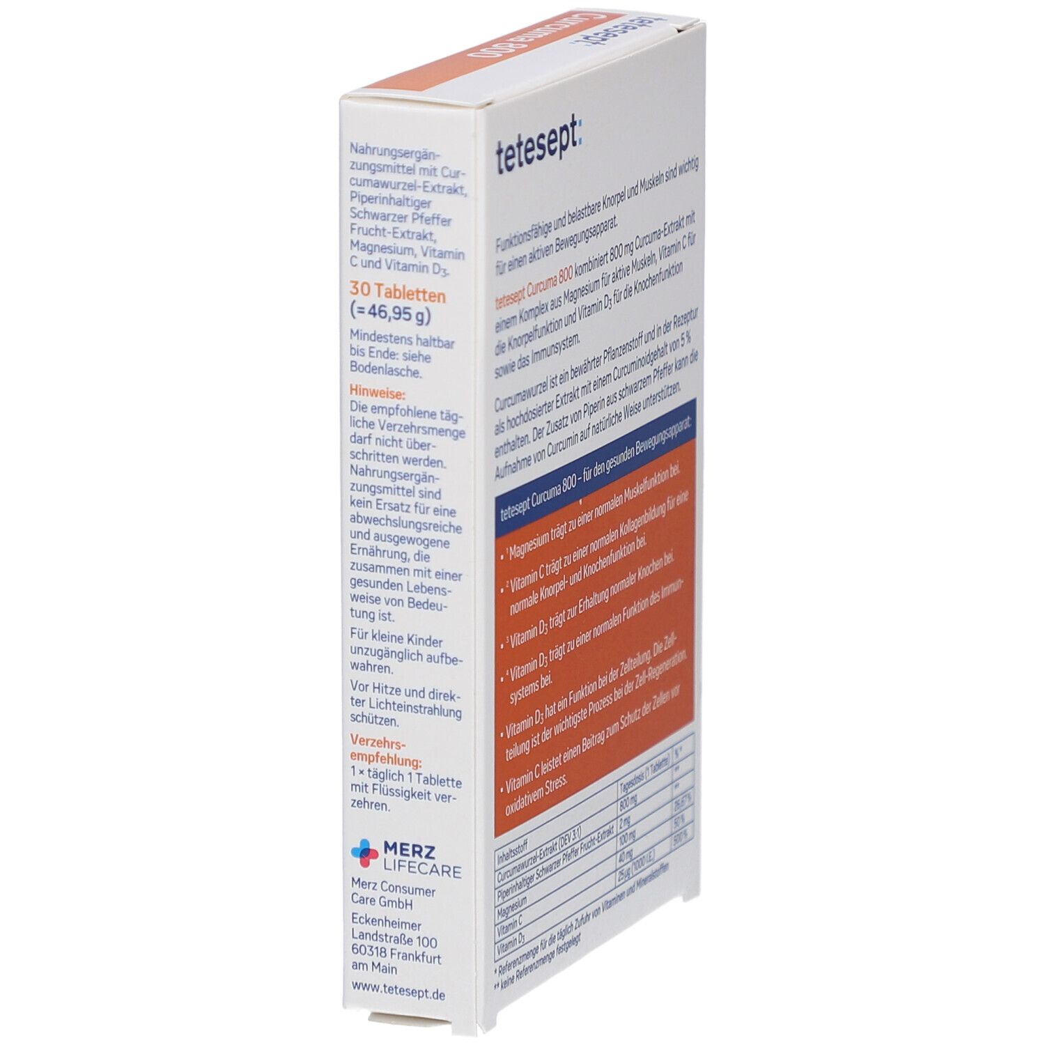 Weiße Schachtel tetesept Curcuma 800. Seitenansicht mit Textinformationen und Inhaltsstoffen. Orangefarbener Streifen. 30 Tabletten.