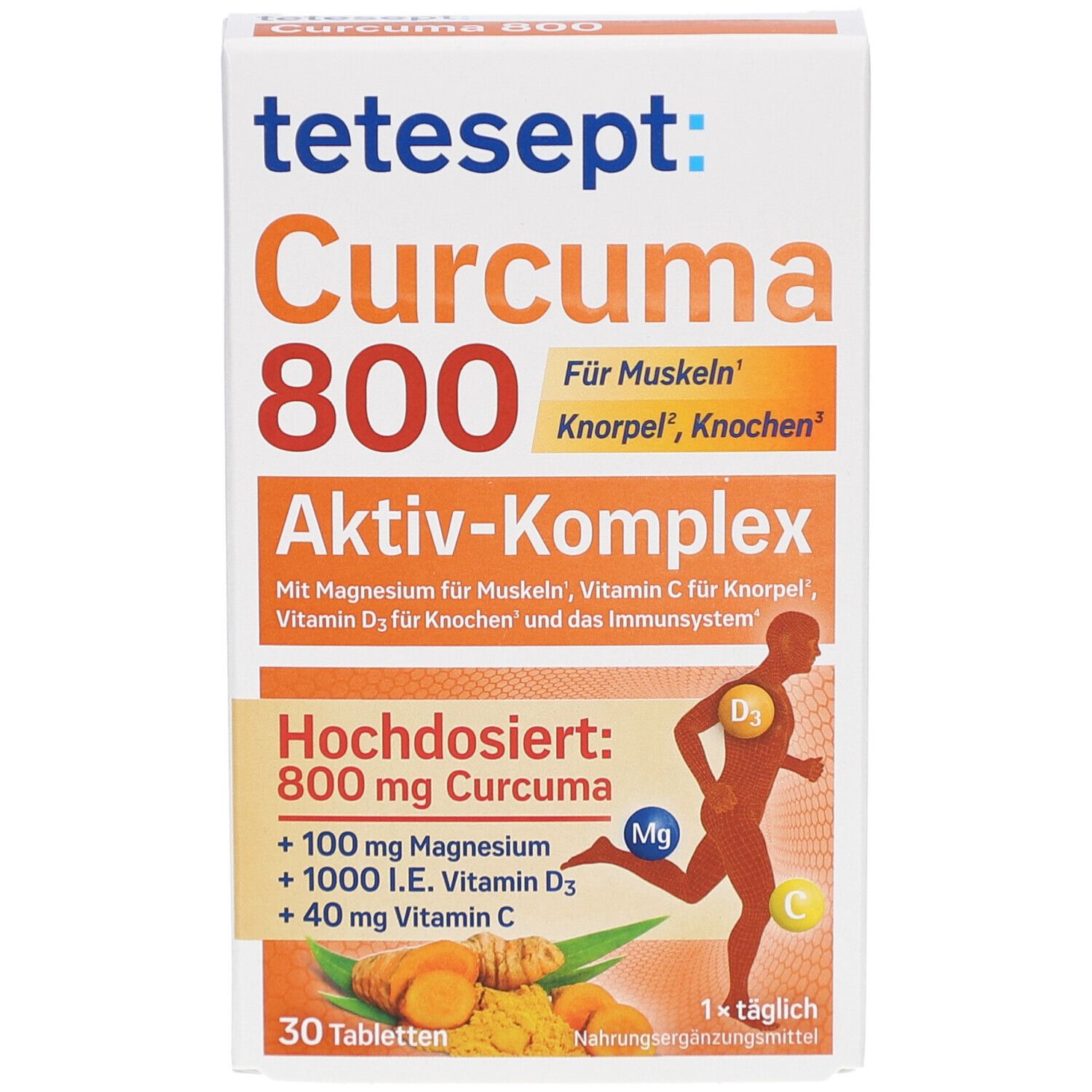 Weiße Schachtel mit tetesept Curcuma 800. Enthält 30 Tabletten. Aufdrucke: Aktiv-Komplex, 800 mg Curcuma, Magnesium, Vitamin D3, Vitamin C.