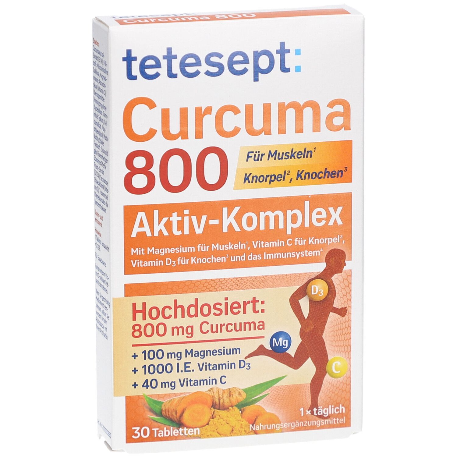 Weiße Schachtel mit tetesept Curcuma 800. Enthält 30 Tabletten. Aufdrucke: Aktiv-Komplex, 800 mg Curcuma, Magnesium, Vitamin D3, Vitamin C.