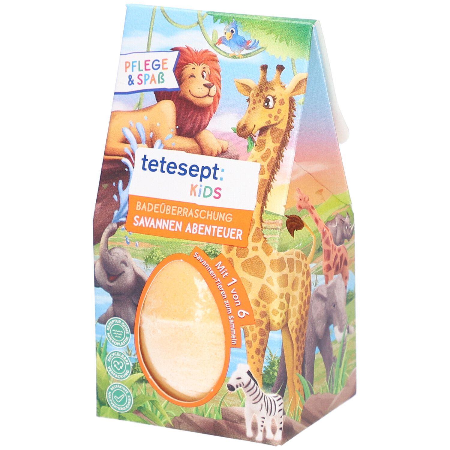 Verpackung mit Badeüberraschung. Aufdruck: Löwe, Giraffe, Zebra, Elefant. Text: tetesept Kids, Savannen Abenteuer.